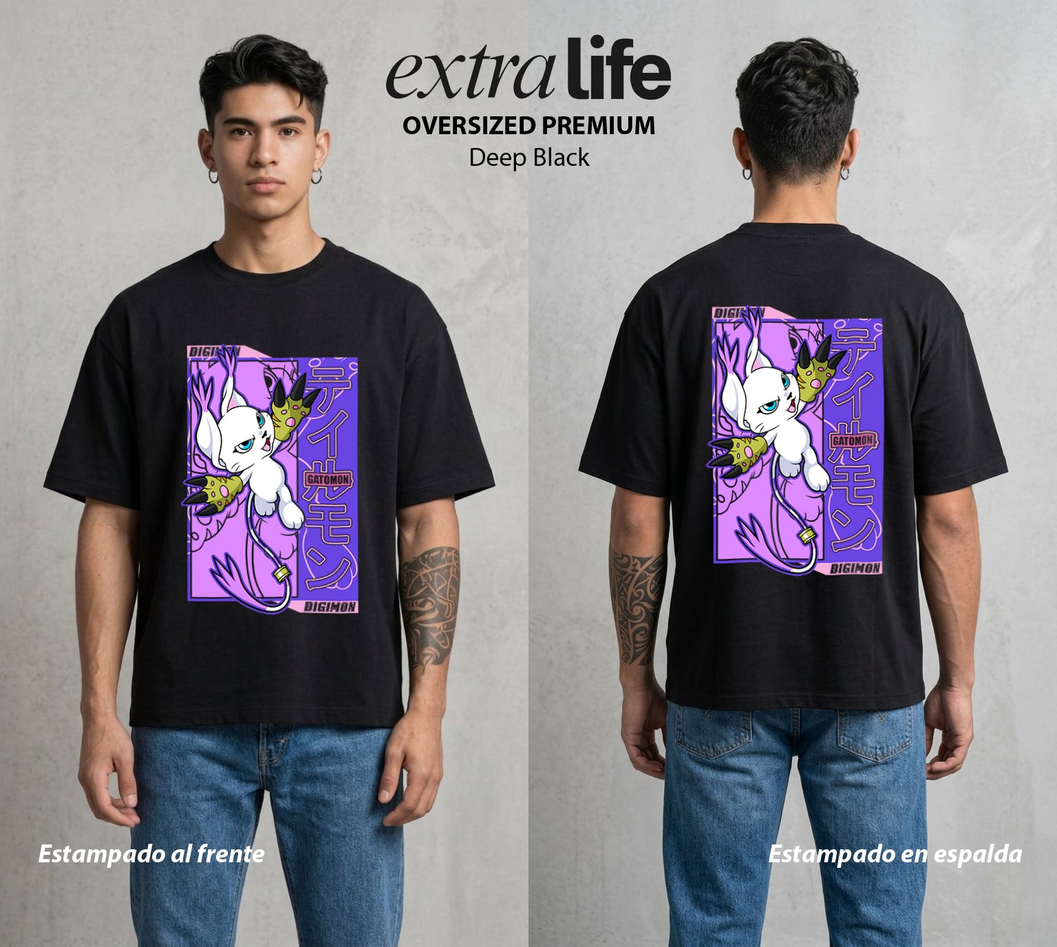 El Mundo Digital | Digimon Gatomon #01307 - Playera Oversized Premium | Deep Black - Foto en modelo