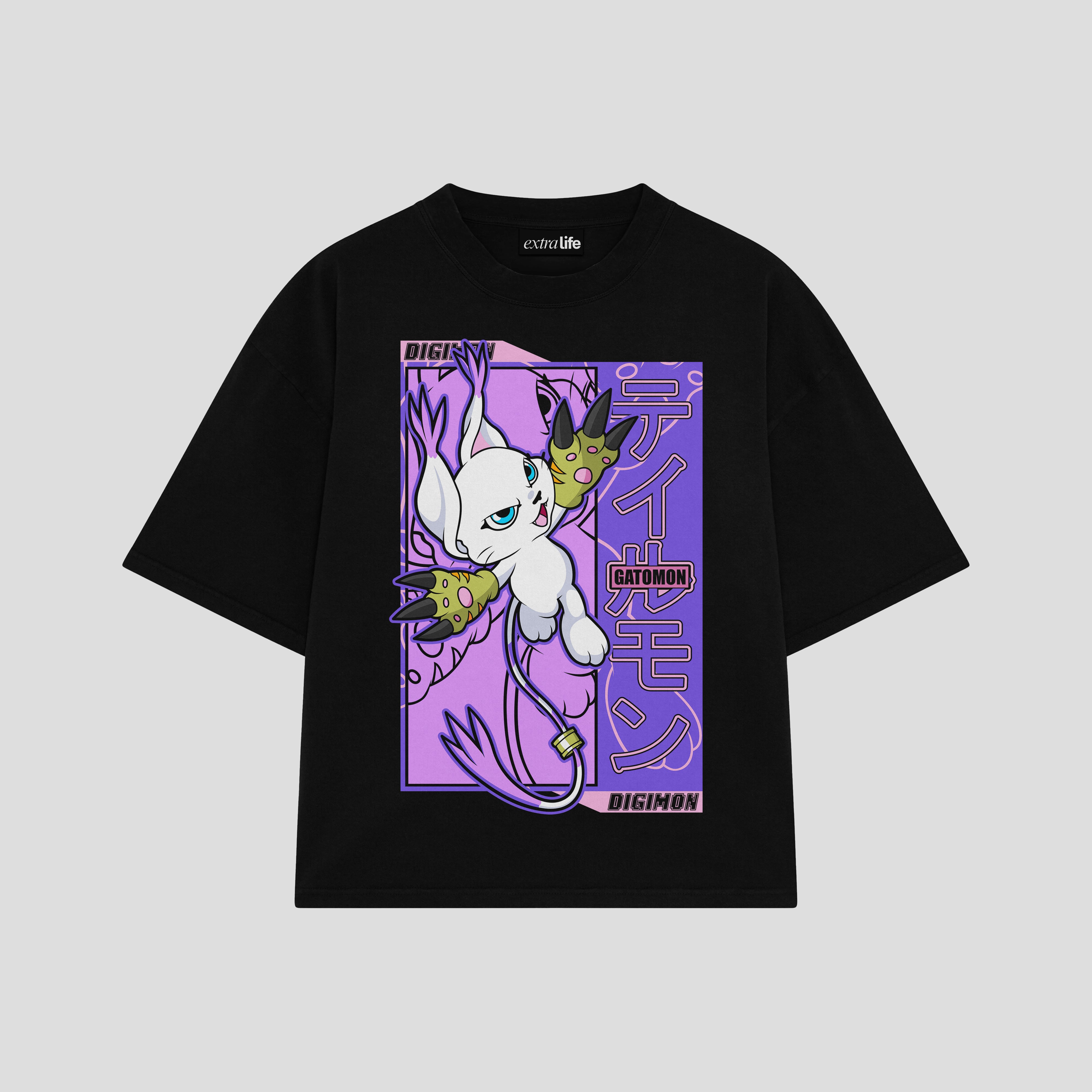 Playera streetwear premium de anime y gaming ExtraLife MX, corte boxy oversized drop shoulder heavyweight en color Deep Black y Off-White, moda urbana mexicana de culto.