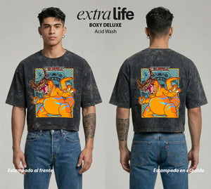 Playera streetwear premium de anime y gaming ExtraLife MX, corte boxy deluxe mineral wash heavyweight en color Acid Wash, moda urbana mexicana de culto.