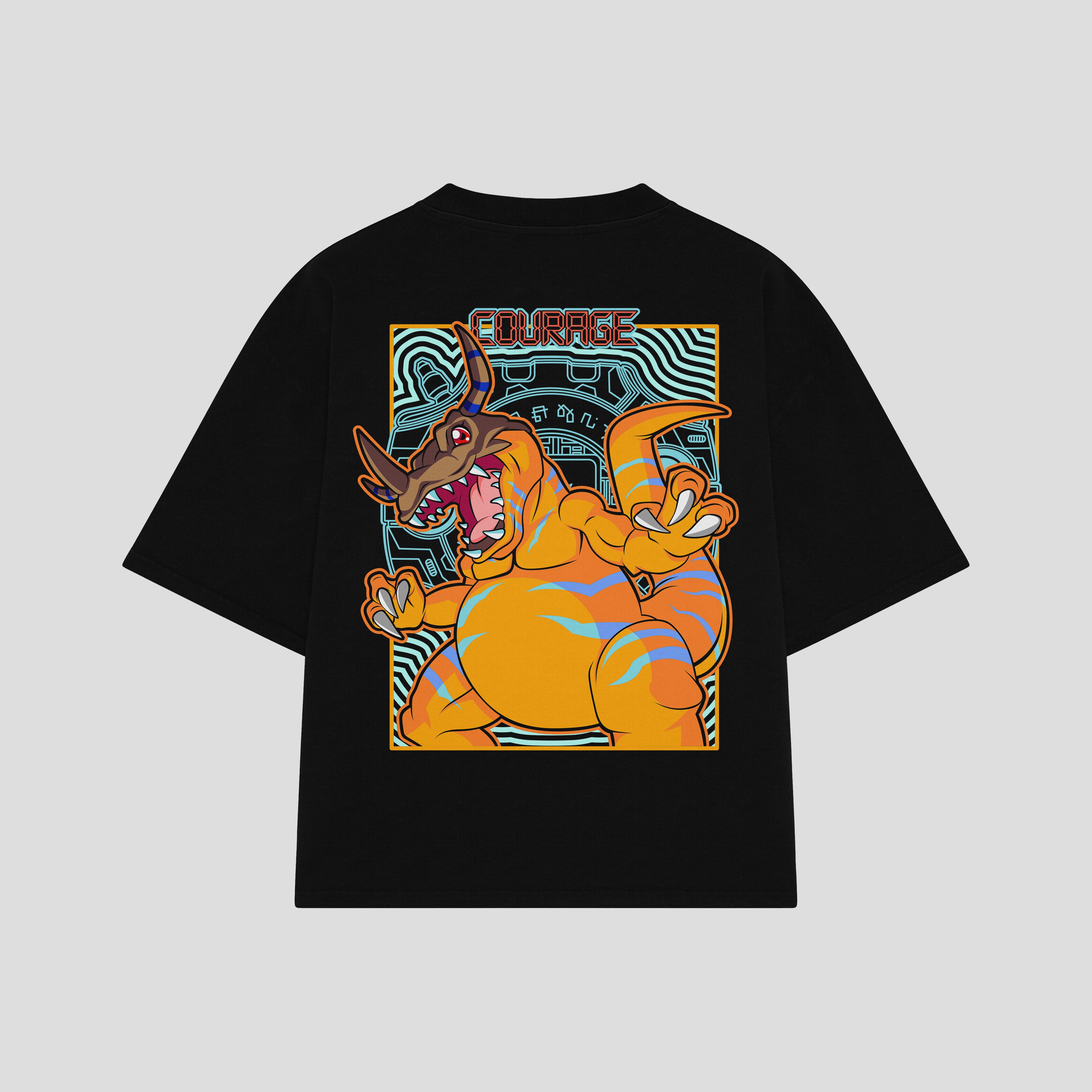 Playera streetwear premium de anime y gaming ExtraLife MX, corte boxy oversized drop shoulder heavyweight en color Deep Black y Off-White, moda urbana mexicana de culto.