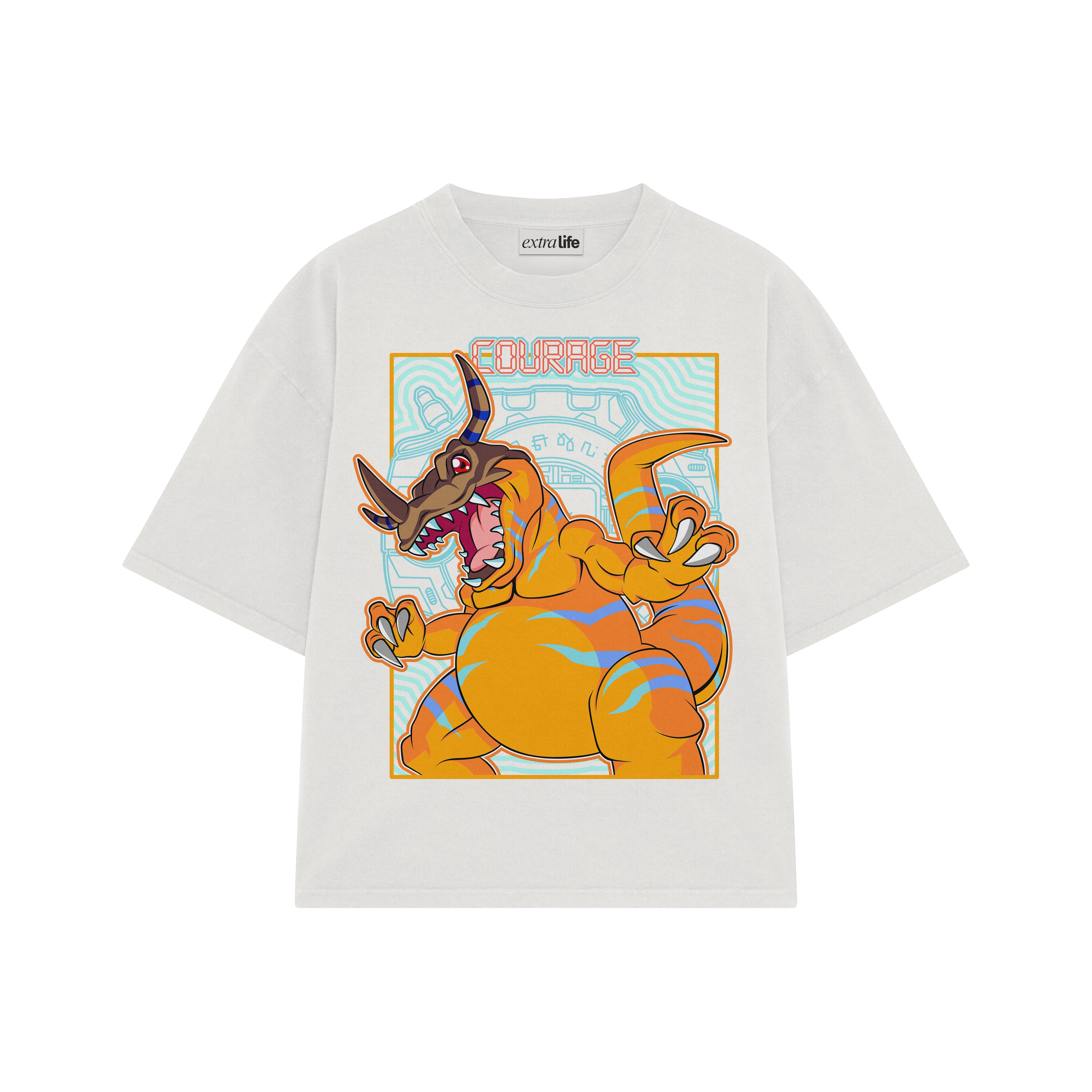 Playera streetwear premium de anime y gaming ExtraLife MX, corte boxy oversized drop shoulder heavyweight en color Deep Black y Off-White, moda urbana mexicana de culto.
