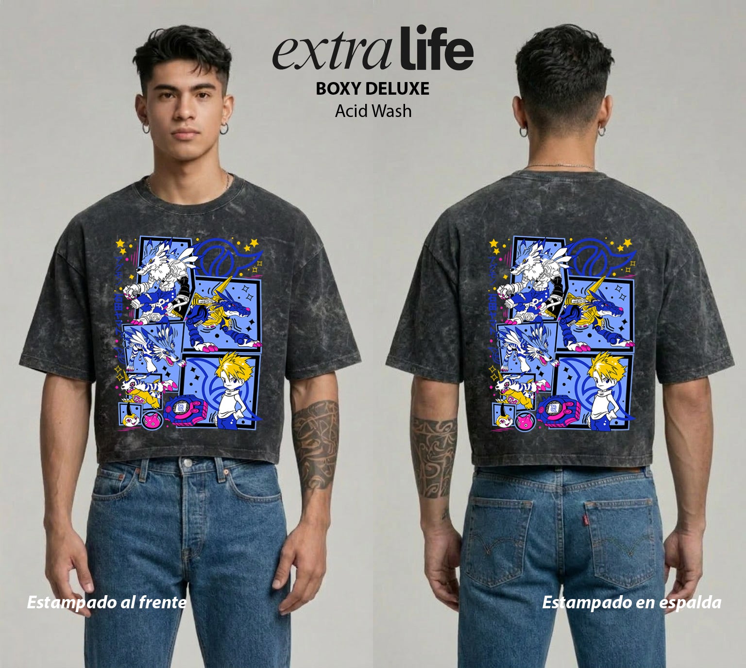 Playera streetwear premium de anime y gaming ExtraLife MX, corte boxy deluxe mineral wash heavyweight en color Acid Wash, moda urbana mexicana de culto.