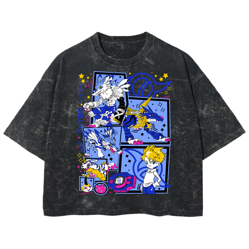 Playera streetwear premium de anime y gaming ExtraLife MX, corte boxy deluxe mineral wash heavyweight en color Acid Wash, moda urbana mexicana de culto.