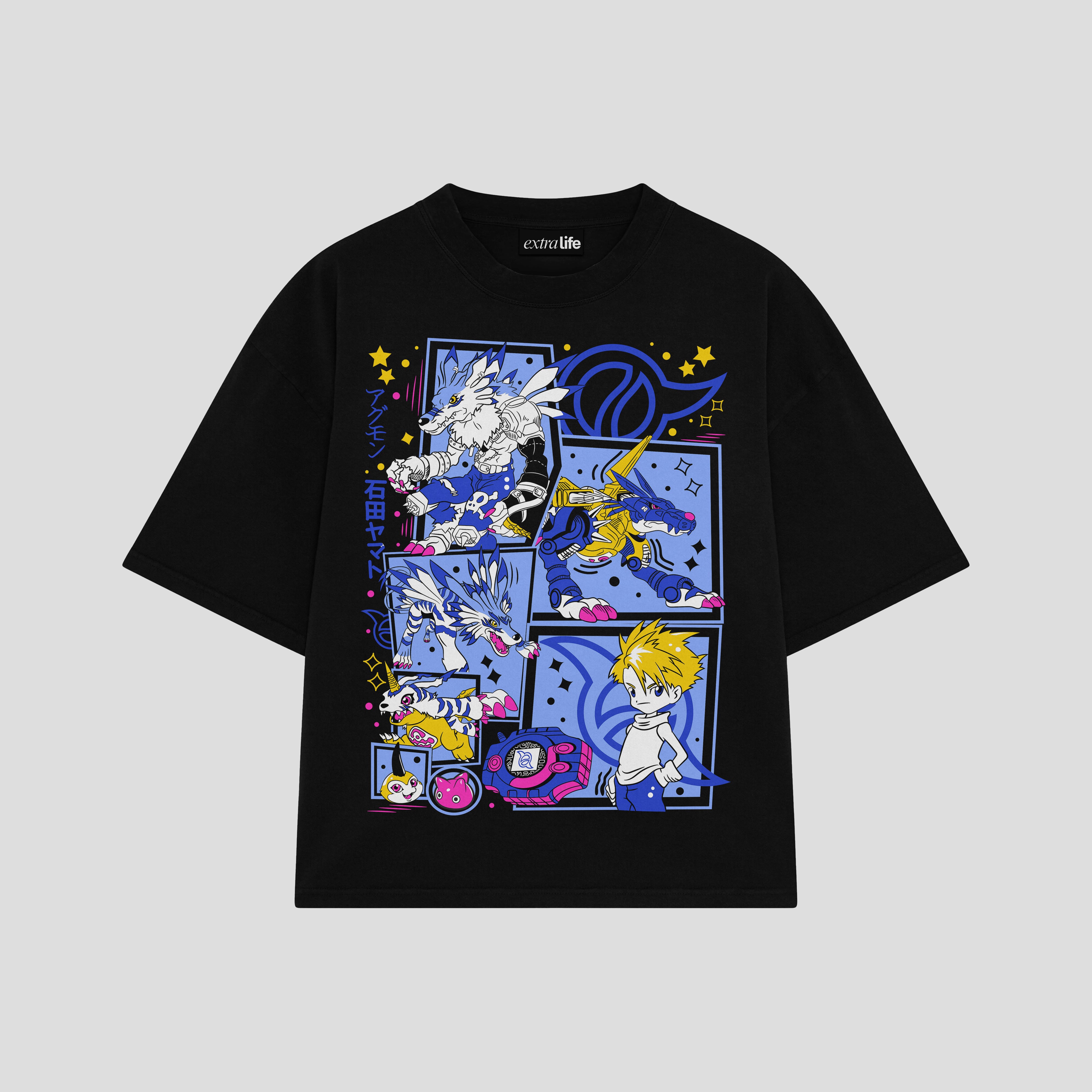Playera streetwear premium de anime y gaming ExtraLife MX, corte boxy oversized drop shoulder heavyweight en color Deep Black y Off-White, moda urbana mexicana de culto.