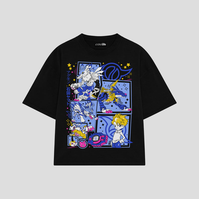 Playera streetwear premium de anime y gaming ExtraLife MX, corte boxy oversized drop shoulder heavyweight en color Deep Black y Off-White, moda urbana mexicana de culto.