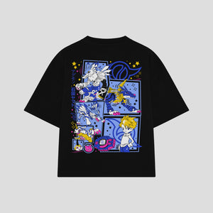 Playera streetwear premium de anime y gaming ExtraLife MX, corte boxy oversized drop shoulder heavyweight en color Deep Black y Off-White, moda urbana mexicana de culto.