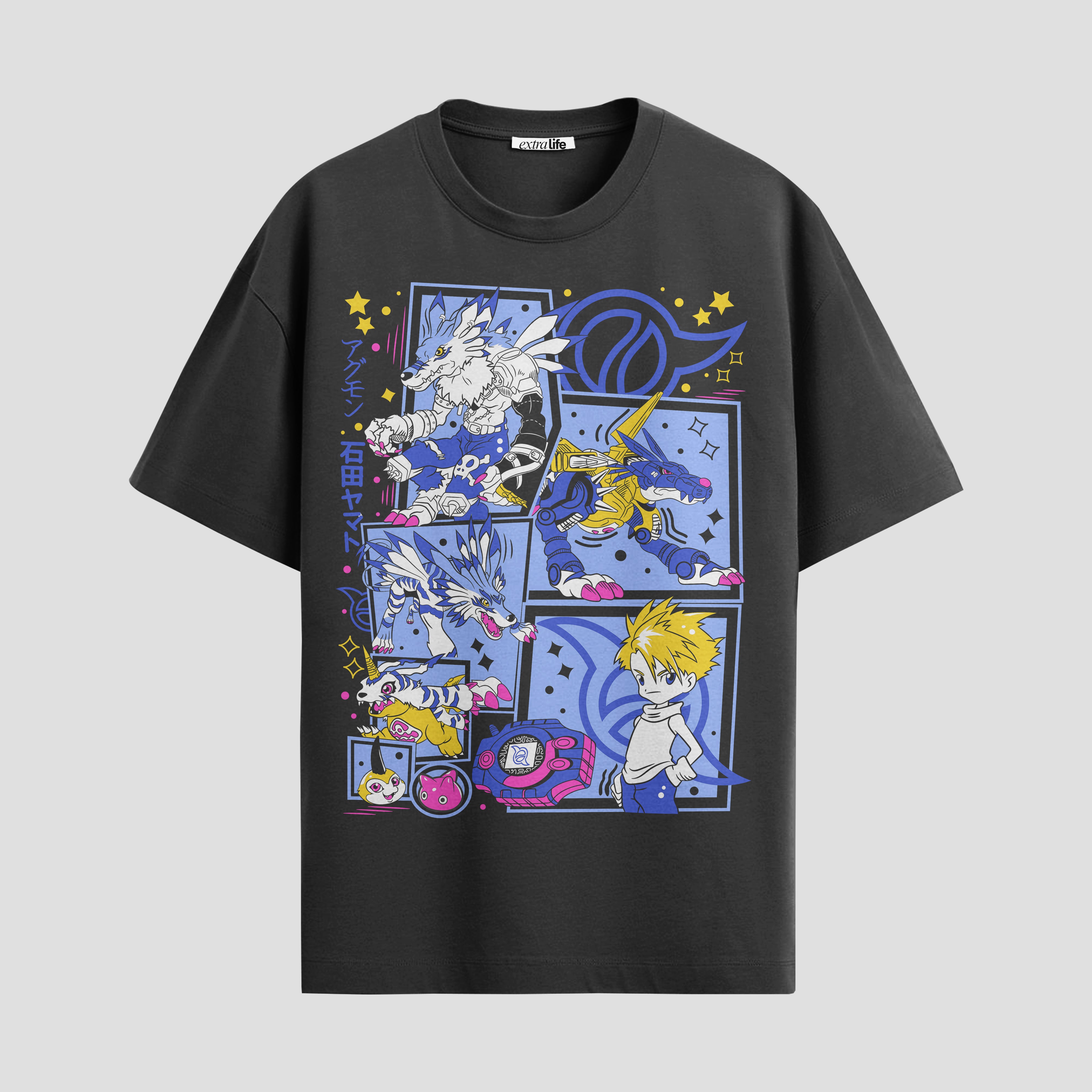 Playera urbana de anime y gaming ExtraLife MX, corte Standard Fit unisex ligero y transpirable en color Deep Black y Pure White, ropa de uso diario para gym y casual.