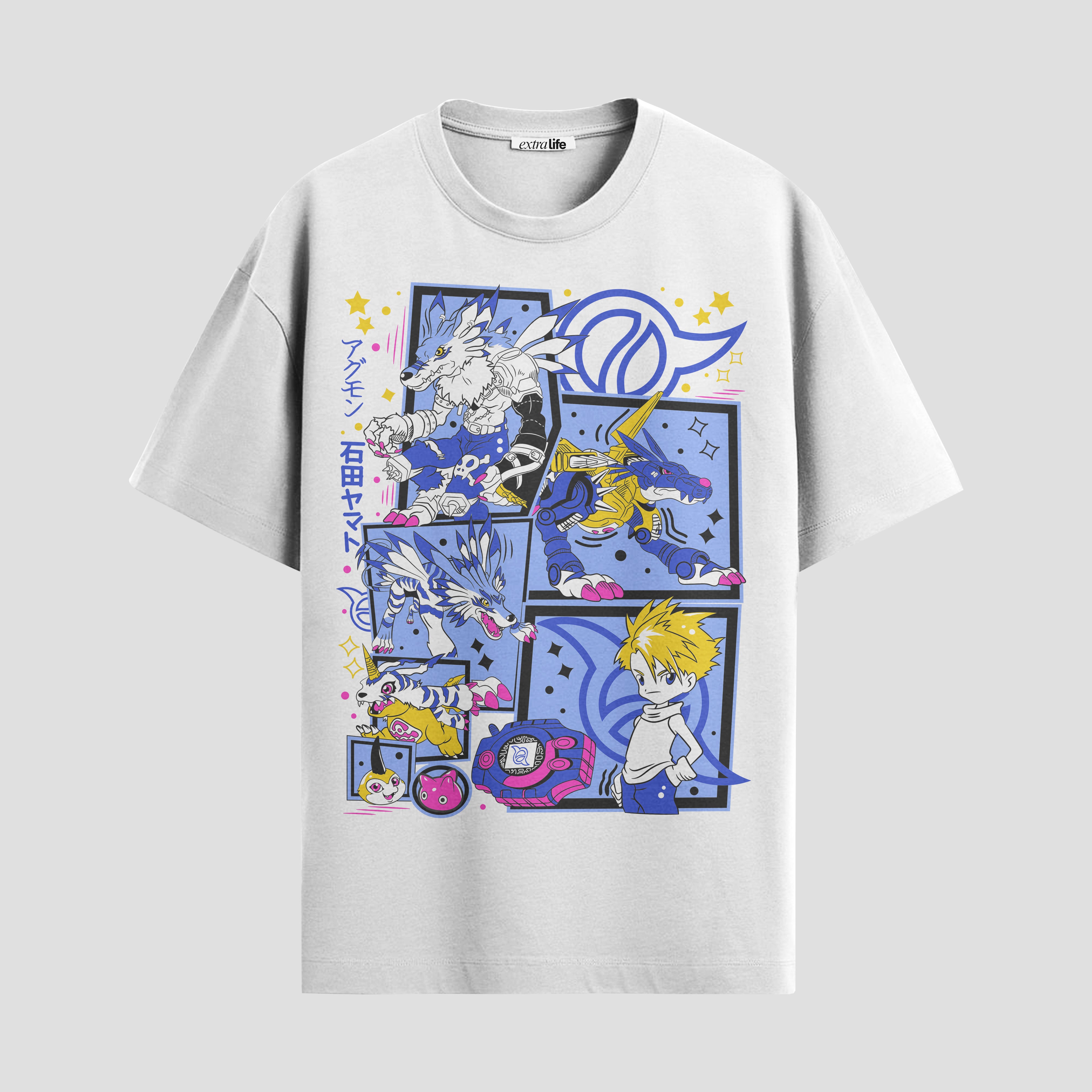 Playera urbana de anime y gaming ExtraLife MX, corte Standard Fit unisex ligero y transpirable en color Deep Black y Pure White, ropa de uso diario para gym y casual.