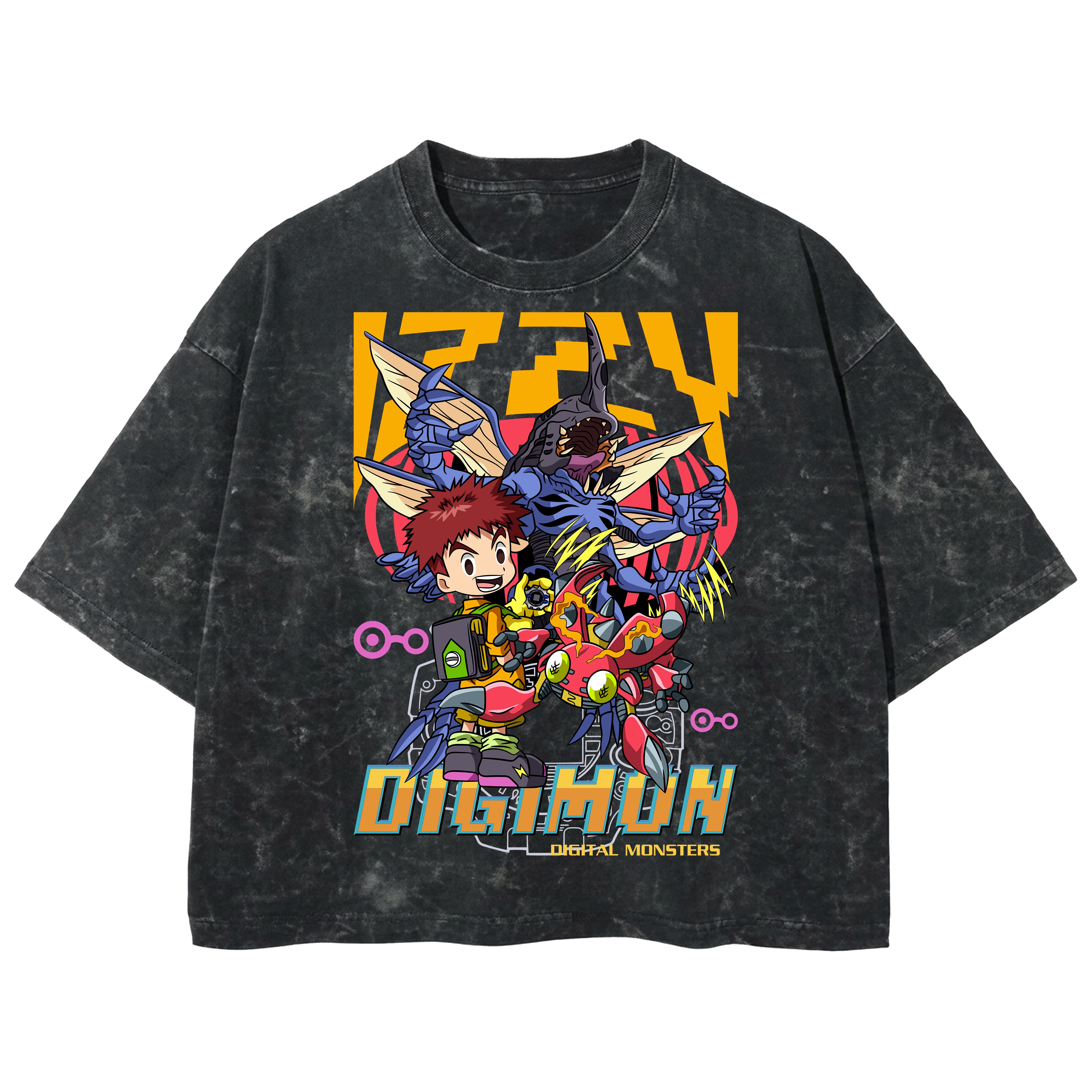 Playera streetwear premium de anime y gaming ExtraLife MX, corte boxy deluxe mineral wash heavyweight en color Acid Wash, moda urbana mexicana de culto.