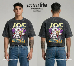 Playera streetwear premium de anime y gaming ExtraLife MX, corte boxy deluxe mineral wash heavyweight en color Acid Wash, moda urbana mexicana de culto.