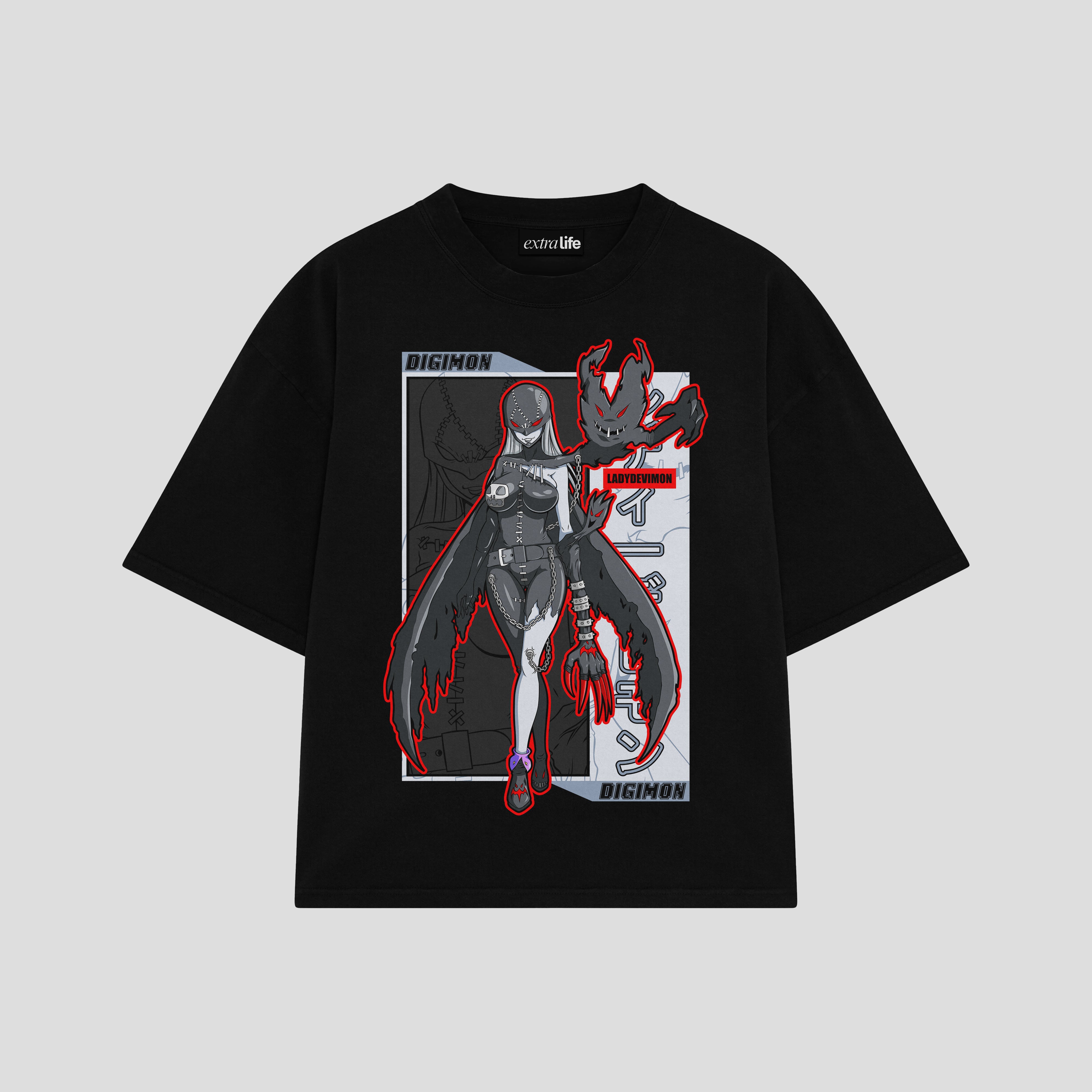 Playera streetwear premium de anime y gaming ExtraLife MX, corte boxy oversized drop shoulder heavyweight en color Deep Black y Off-White, moda urbana mexicana de culto.