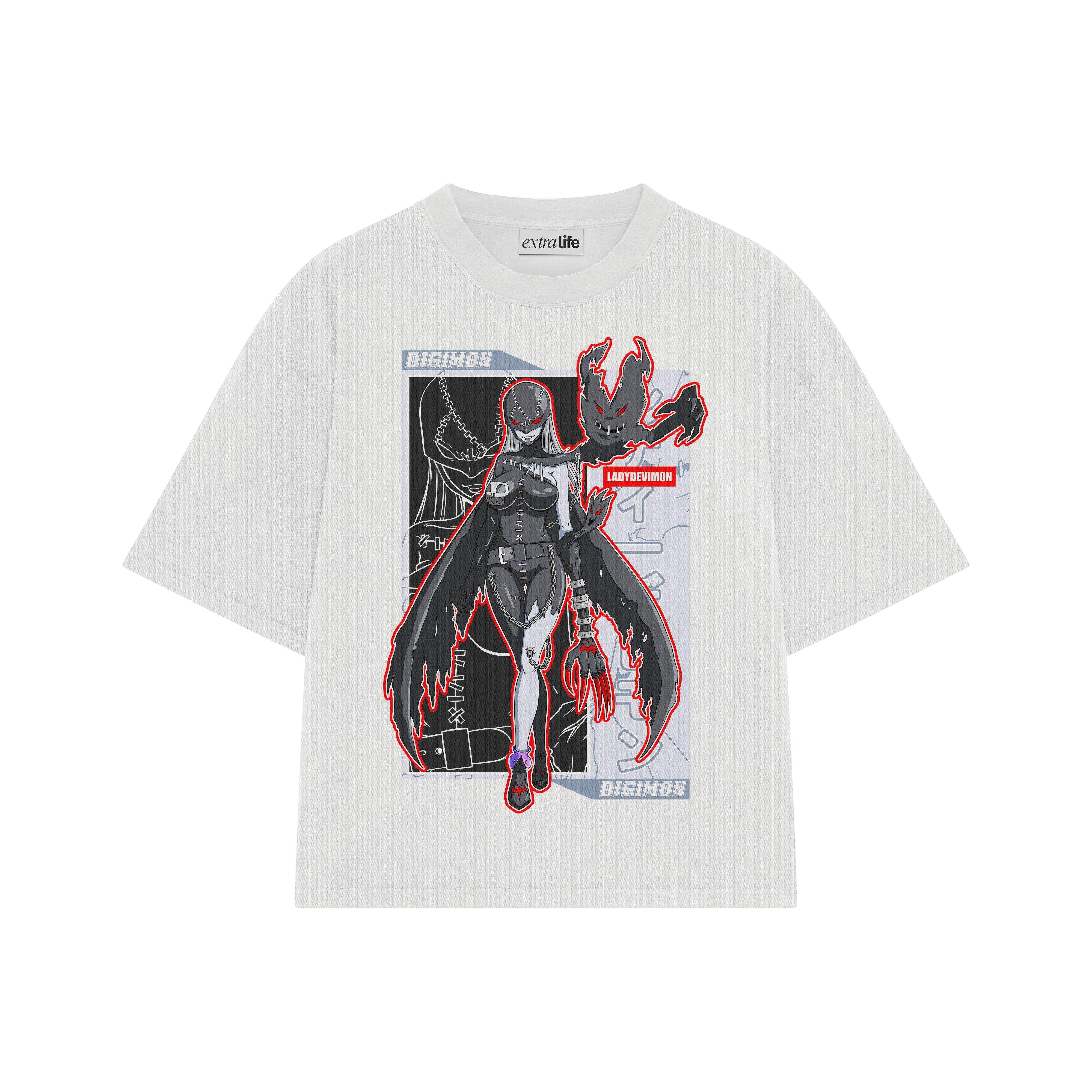 Playera streetwear premium de anime y gaming ExtraLife MX, corte boxy oversized drop shoulder heavyweight en color Deep Black y Off-White, moda urbana mexicana de culto.