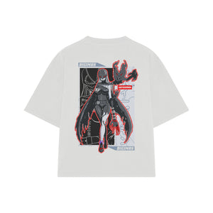 Playera streetwear premium de anime y gaming ExtraLife MX, corte boxy oversized drop shoulder heavyweight en color Deep Black y Off-White, moda urbana mexicana de culto.