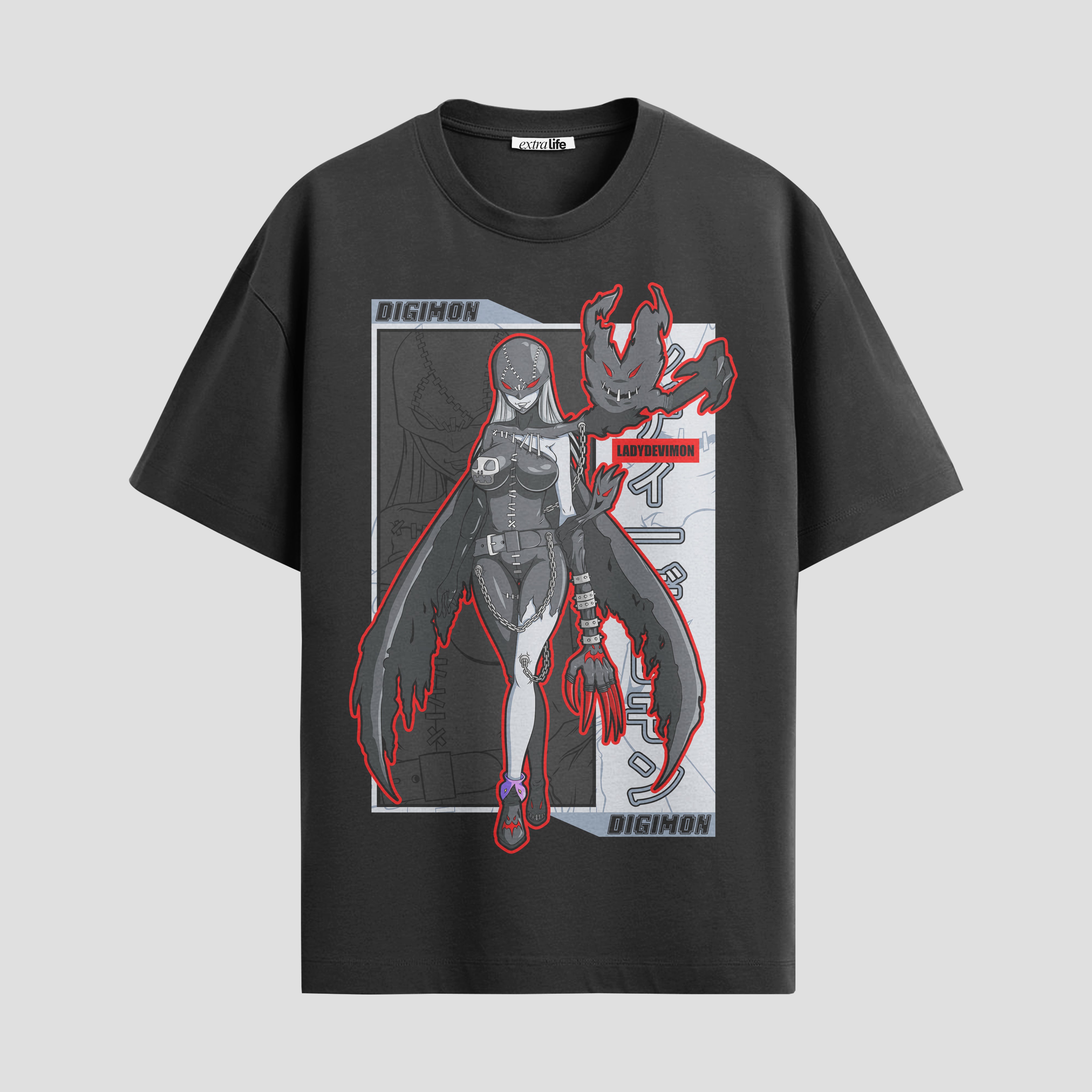 Playera urbana de anime y gaming ExtraLife MX, corte Standard Fit unisex ligero y transpirable en color Deep Black y Pure White, ropa de uso diario para gym y casual.