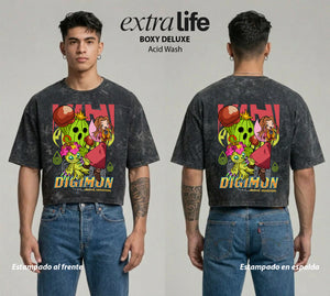 Playera streetwear premium de anime y gaming ExtraLife MX, corte boxy deluxe mineral wash heavyweight en color Acid Wash, moda urbana mexicana de culto.