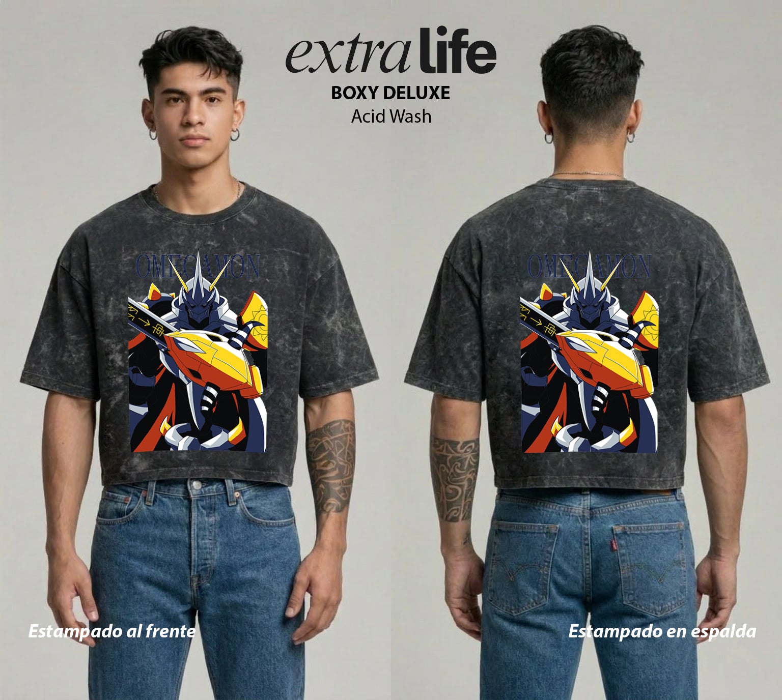 Playera streetwear premium de anime y gaming ExtraLife MX, corte boxy deluxe mineral wash heavyweight en color Acid Wash, moda urbana mexicana de culto.