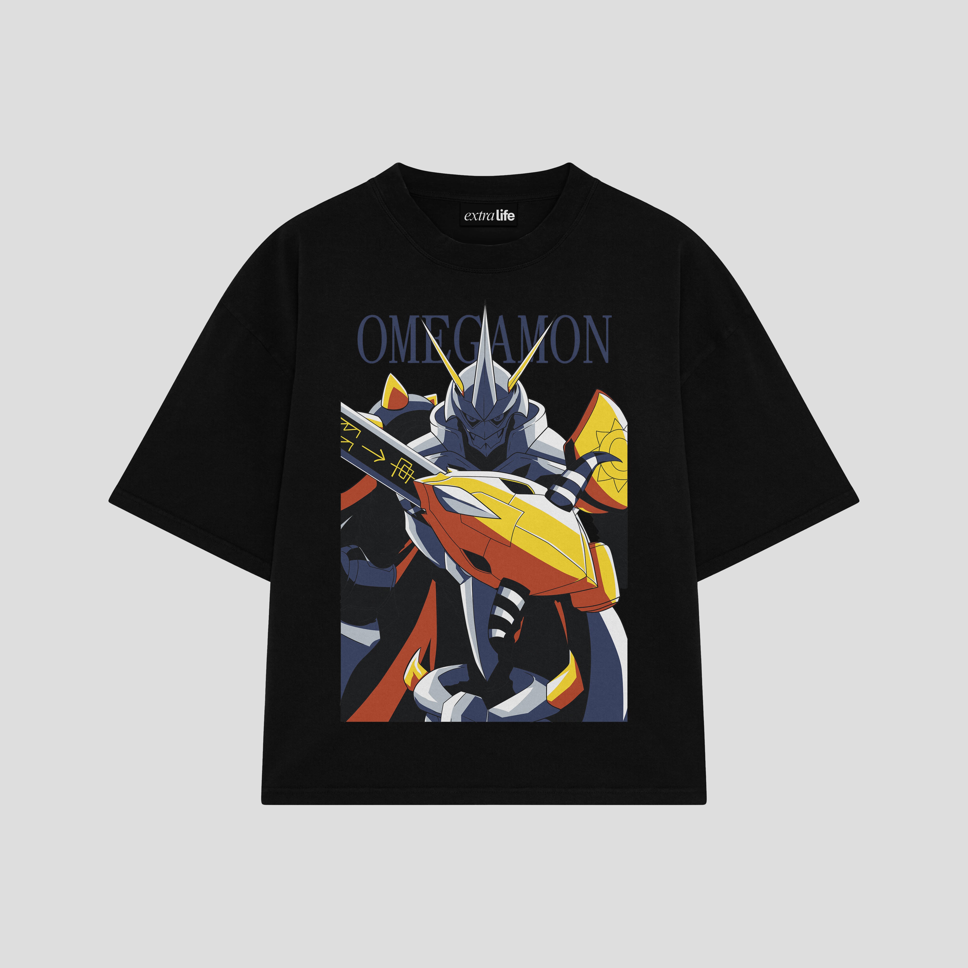 Playera streetwear premium de anime y gaming ExtraLife MX, corte boxy oversized drop shoulder heavyweight en color Deep Black y Off-White, moda urbana mexicana de culto.