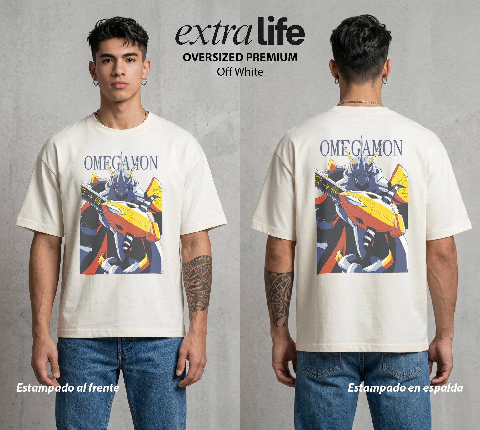 El Mundo Digital | Digimon Omegamon #01318 - Playera Oversized Premium | Off White - Foto en modelo