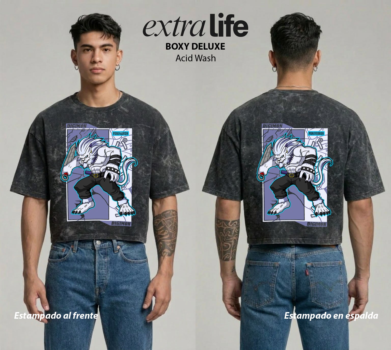 Playera streetwear premium de anime y gaming ExtraLife MX, corte boxy deluxe mineral wash heavyweight en color Acid Wash, moda urbana mexicana de culto.
