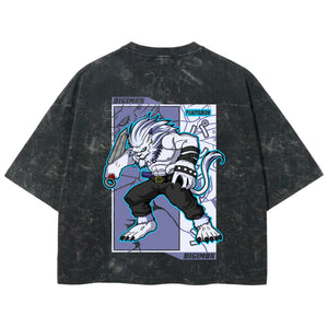 Playera streetwear premium de anime y gaming ExtraLife MX, corte boxy deluxe mineral wash heavyweight en color Acid Wash, moda urbana mexicana de culto.