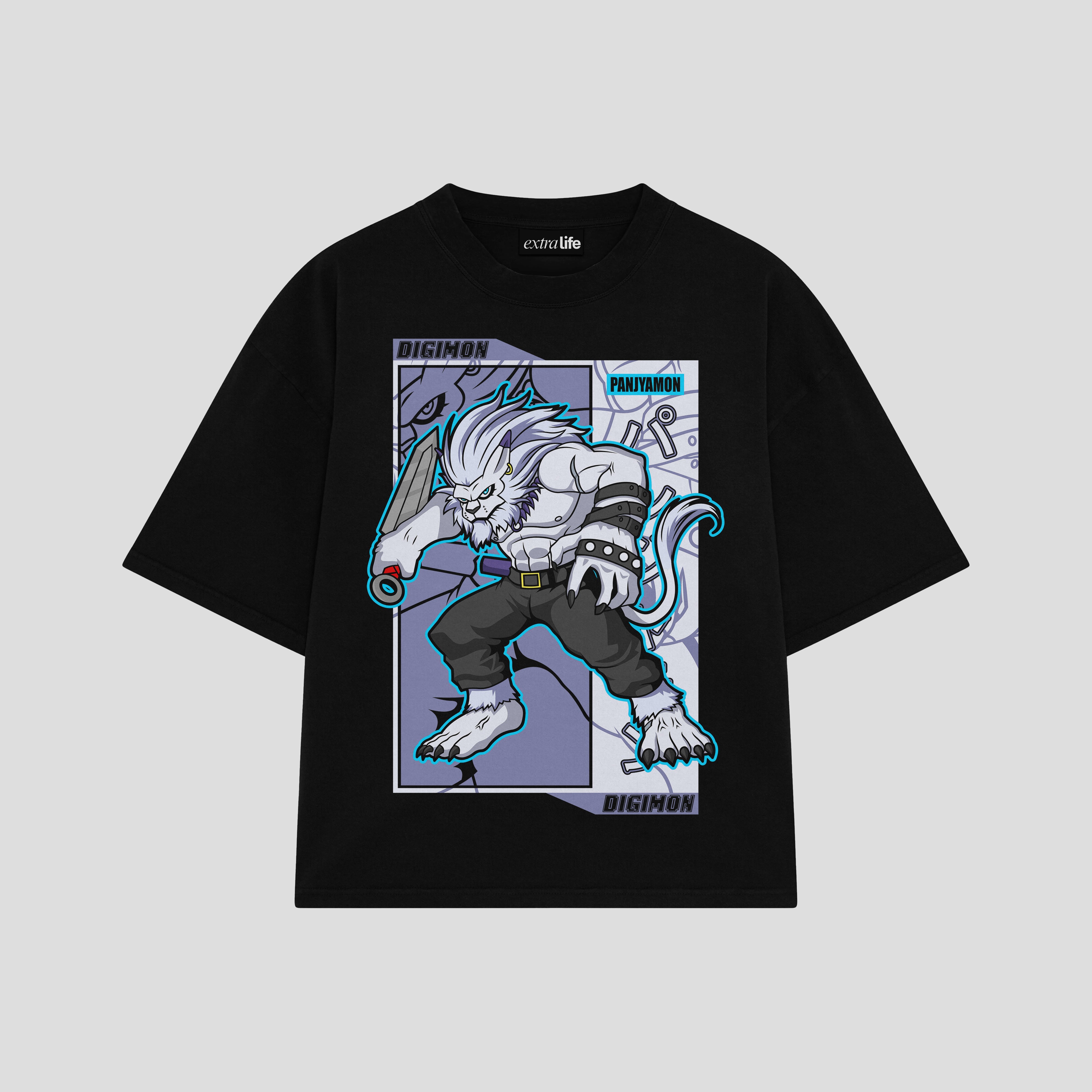 Playera streetwear premium de anime y gaming ExtraLife MX, corte boxy oversized drop shoulder heavyweight en color Deep Black y Off-White, moda urbana mexicana de culto.