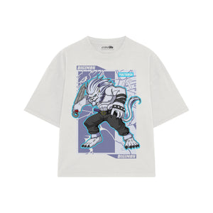 Playera streetwear premium de anime y gaming ExtraLife MX, corte boxy oversized drop shoulder heavyweight en color Deep Black y Off-White, moda urbana mexicana de culto.