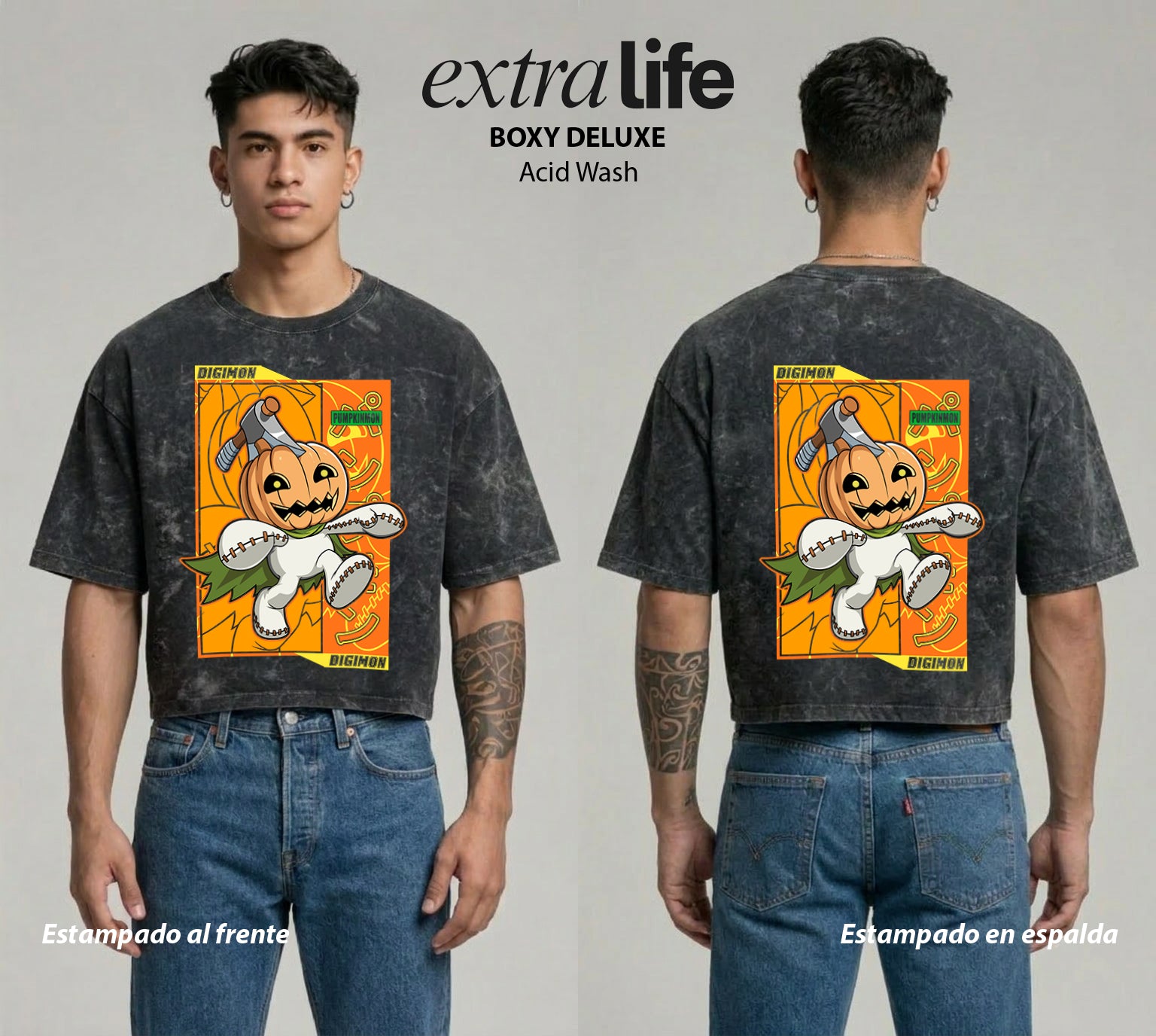 Playera streetwear premium de anime y gaming ExtraLife MX, corte boxy deluxe mineral wash heavyweight en color Acid Wash, moda urbana mexicana de culto.