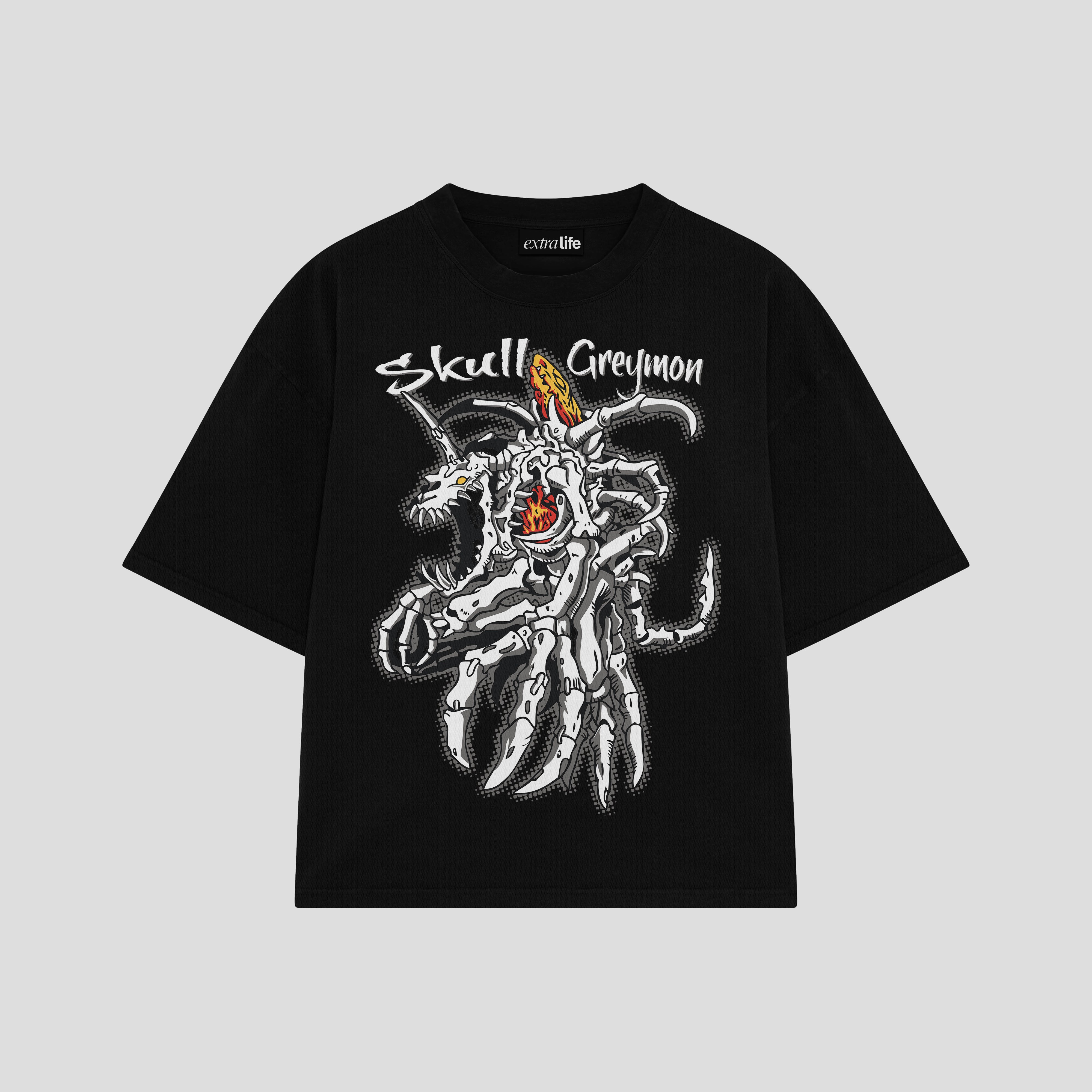 Playera streetwear premium de anime y gaming ExtraLife MX, corte boxy oversized drop shoulder heavyweight en color Deep Black y Off-White, moda urbana mexicana de culto.