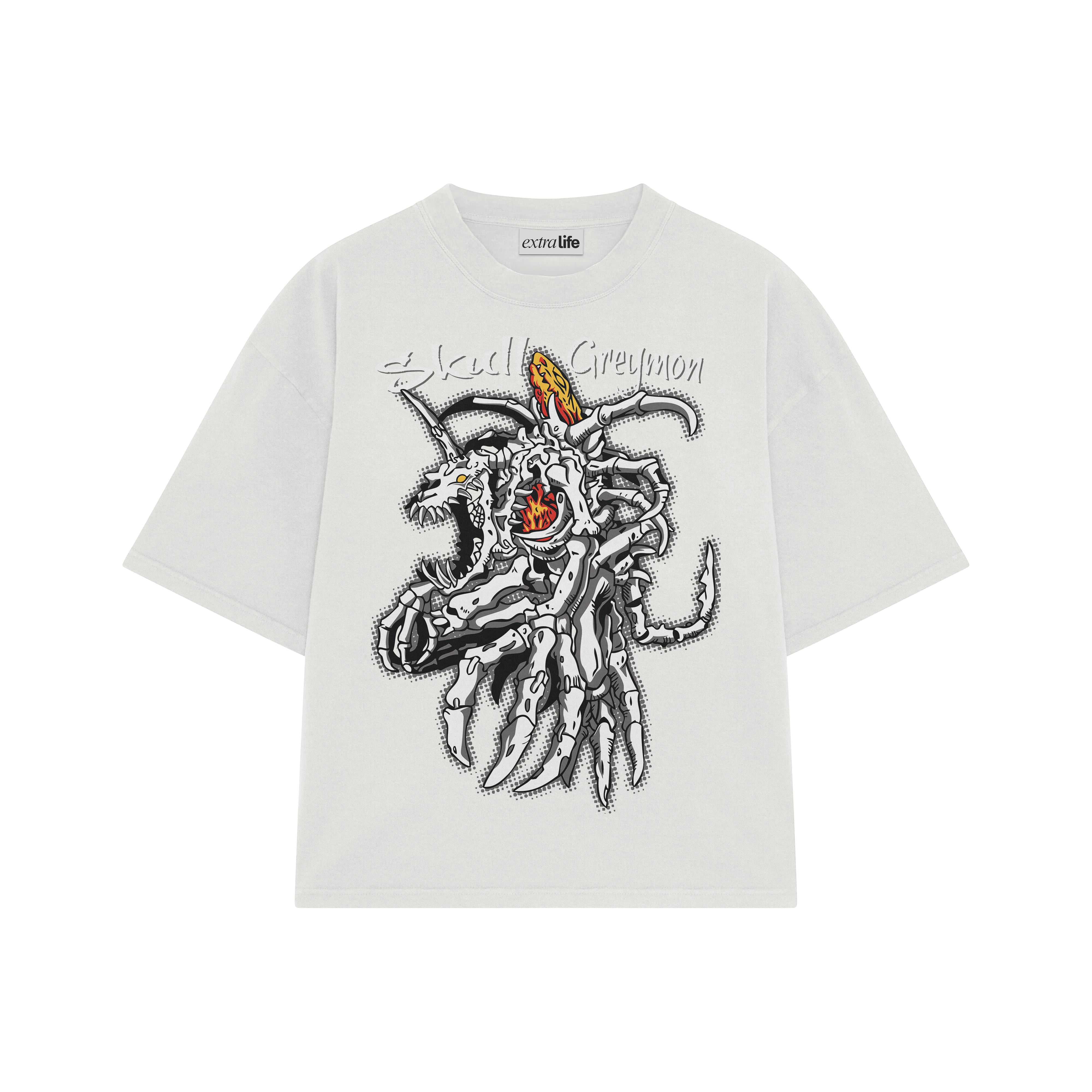 Playera streetwear premium de anime y gaming ExtraLife MX, corte boxy oversized drop shoulder heavyweight en color Deep Black y Off-White, moda urbana mexicana de culto.