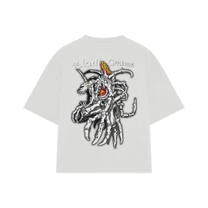 Playera streetwear premium de anime y gaming ExtraLife MX, corte boxy oversized drop shoulder heavyweight en color Deep Black y Off-White, moda urbana mexicana de culto.