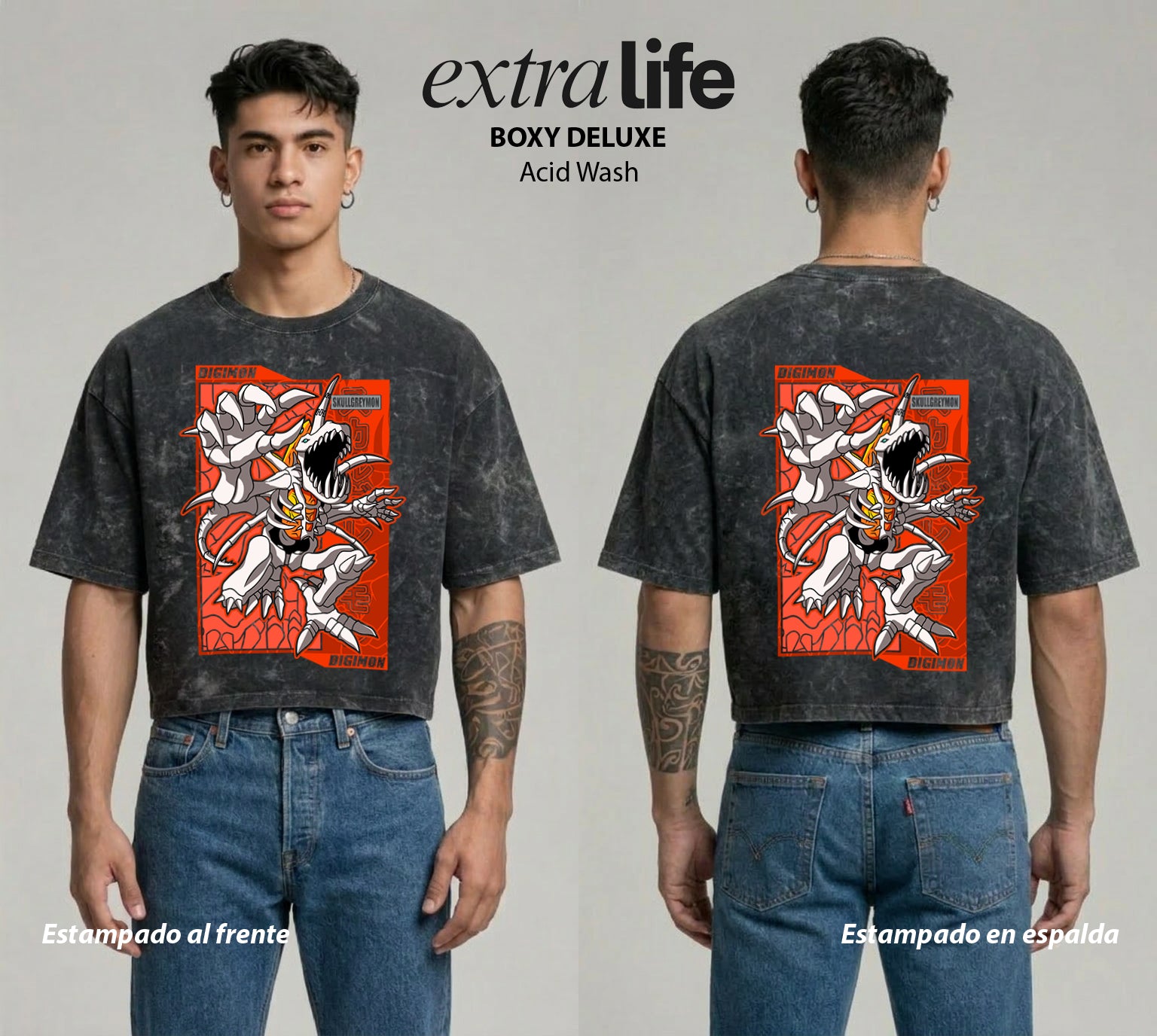 Playera streetwear premium de anime y gaming ExtraLife MX, corte boxy deluxe mineral wash heavyweight en color Acid Wash, moda urbana mexicana de culto.