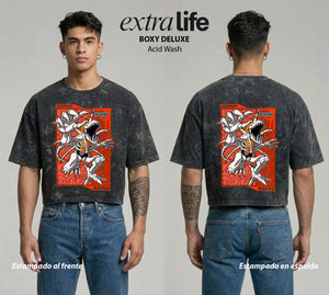 Playera streetwear premium de anime y gaming ExtraLife MX, corte boxy deluxe mineral wash heavyweight en color Acid Wash, moda urbana mexicana de culto.