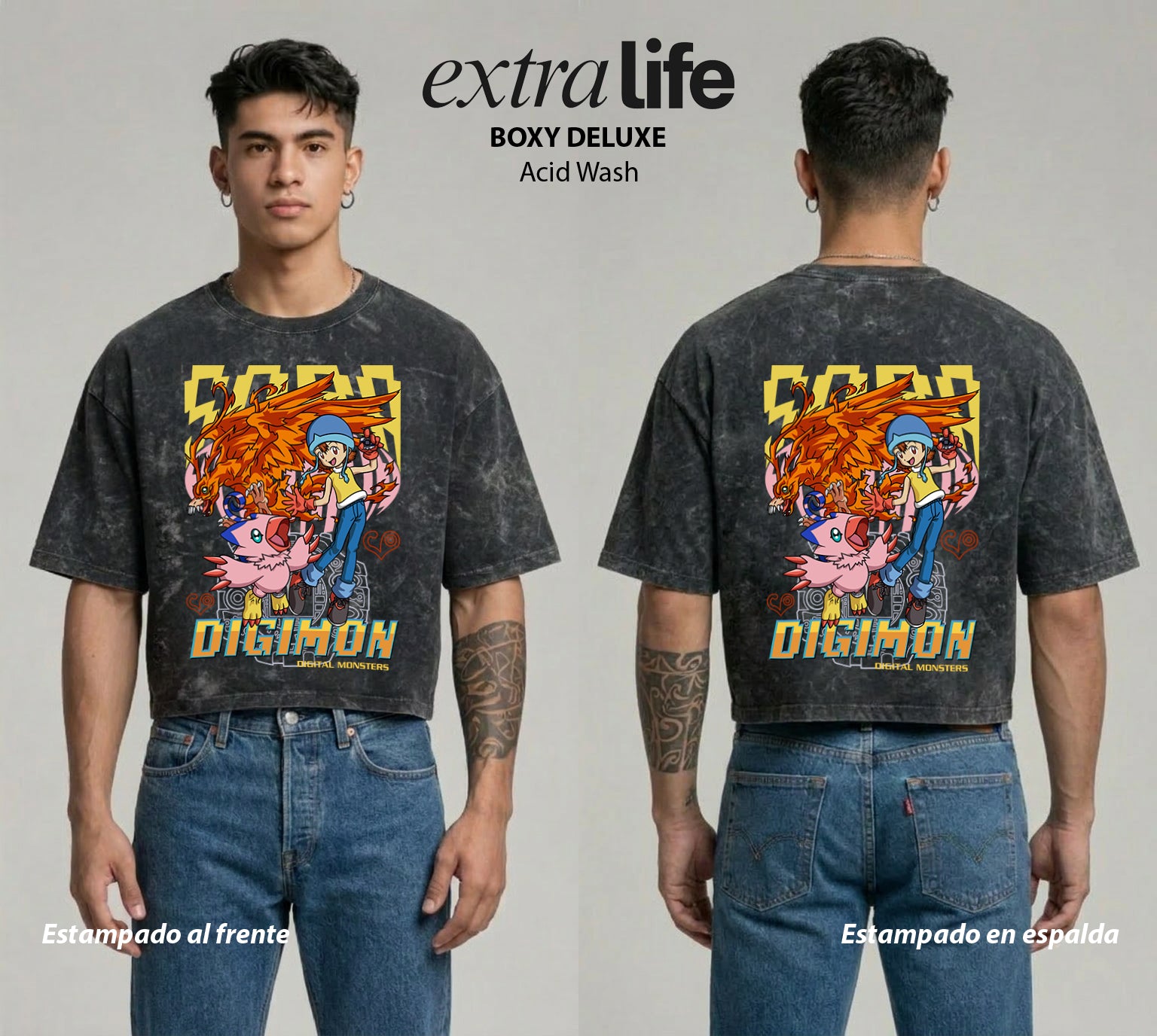 Playera streetwear premium de anime y gaming ExtraLife MX, corte boxy deluxe mineral wash heavyweight en color Acid Wash, moda urbana mexicana de culto.