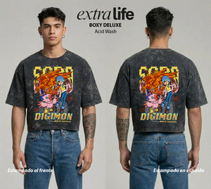 Playera streetwear premium de anime y gaming ExtraLife MX, corte boxy deluxe mineral wash heavyweight en color Acid Wash, moda urbana mexicana de culto.