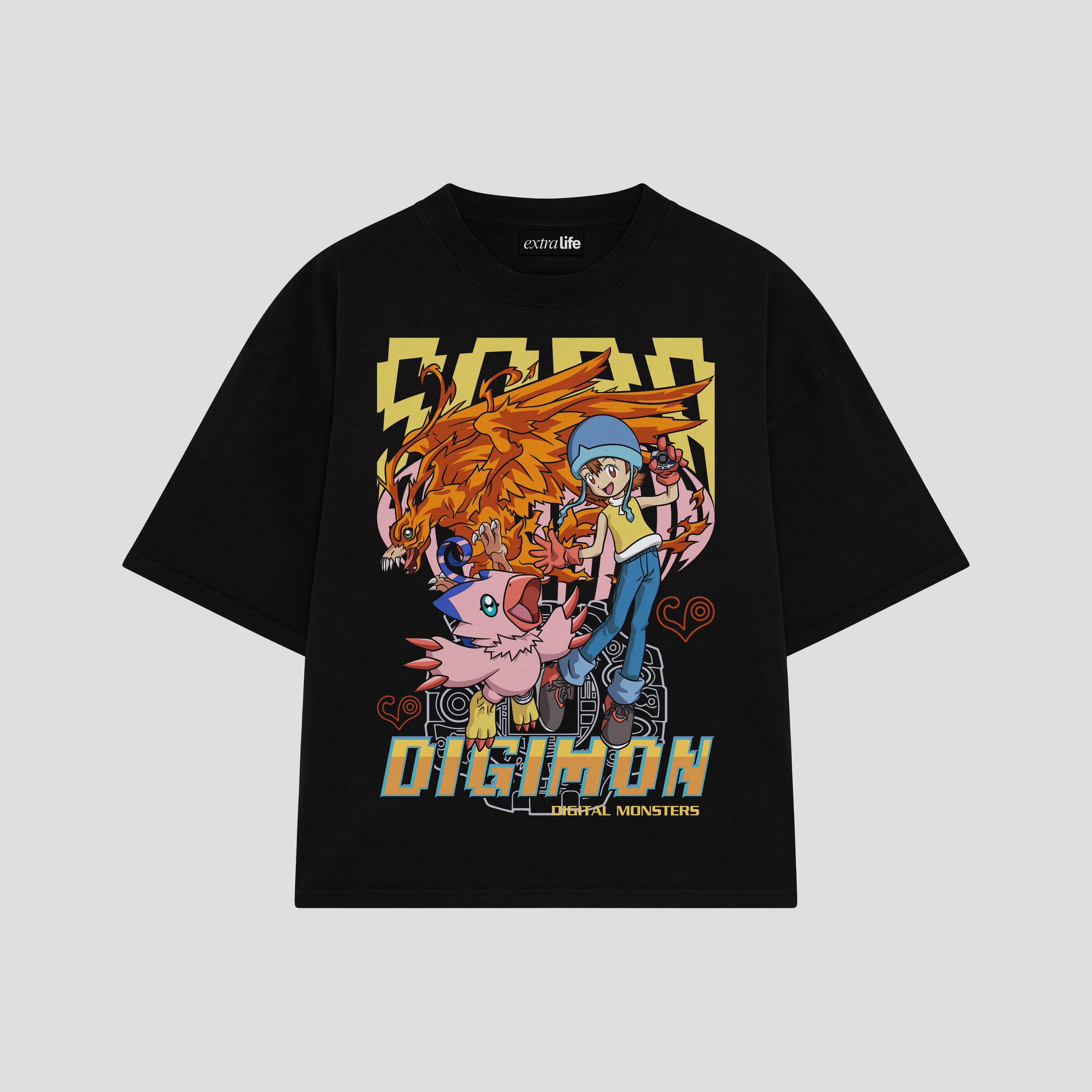 Playera streetwear premium de anime y gaming ExtraLife MX, corte boxy oversized drop shoulder heavyweight en color Deep Black y Off-White, moda urbana mexicana de culto.