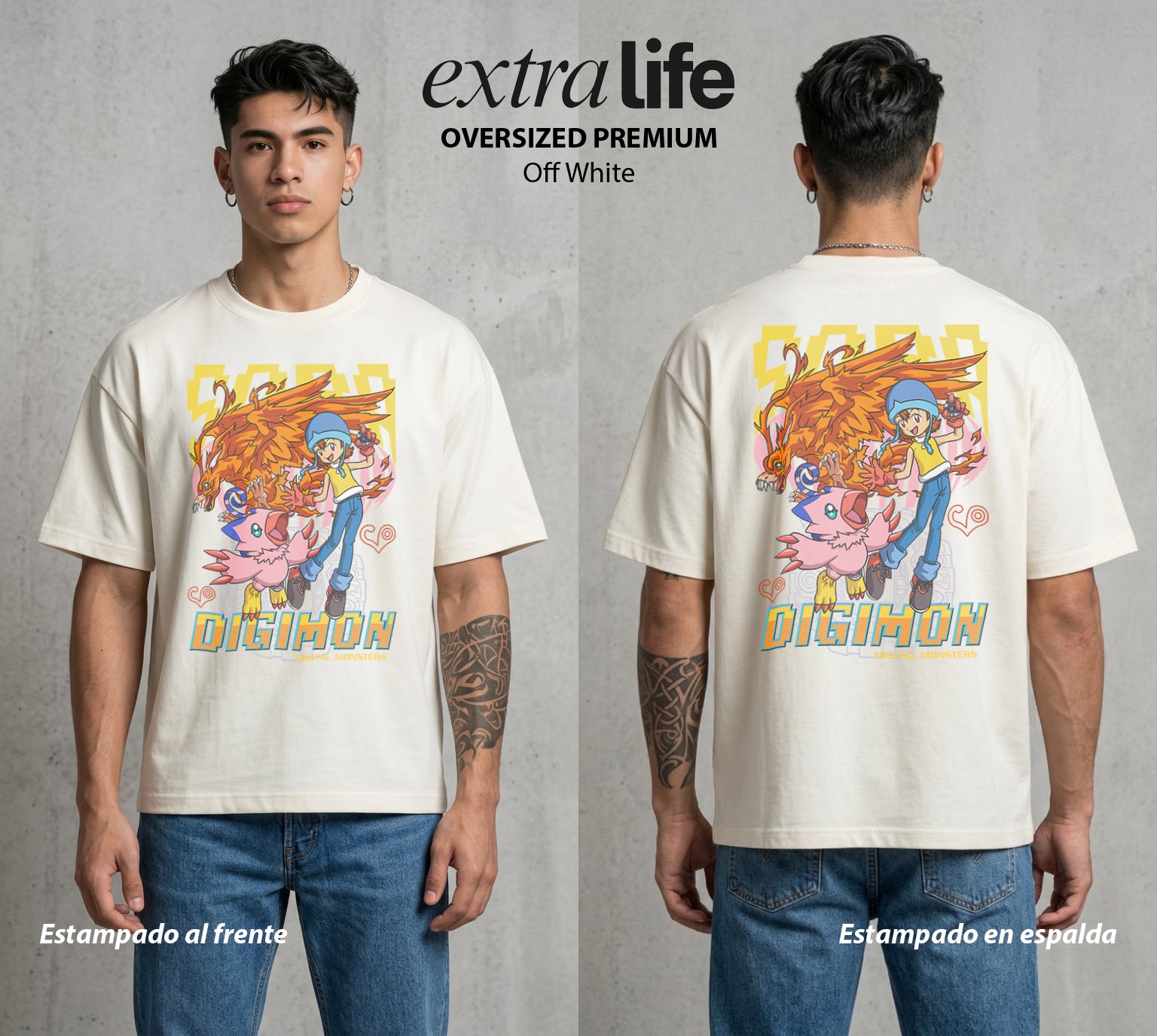 El Mundo Digital | Digimon Sora X Biyomon #01323 - Playera Oversized Premium | Off White - Foto en modelo