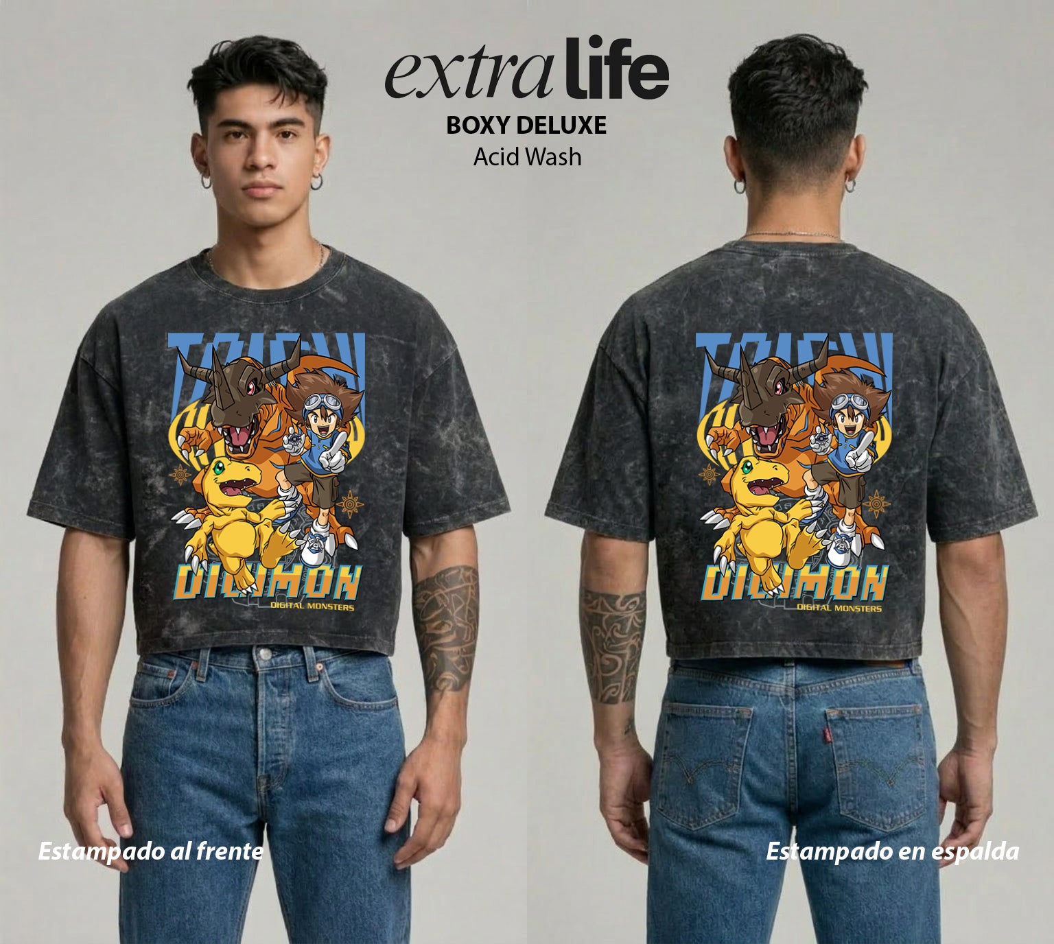 Playera streetwear premium de anime y gaming ExtraLife MX, corte boxy deluxe mineral wash heavyweight en color Acid Wash, moda urbana mexicana de culto.