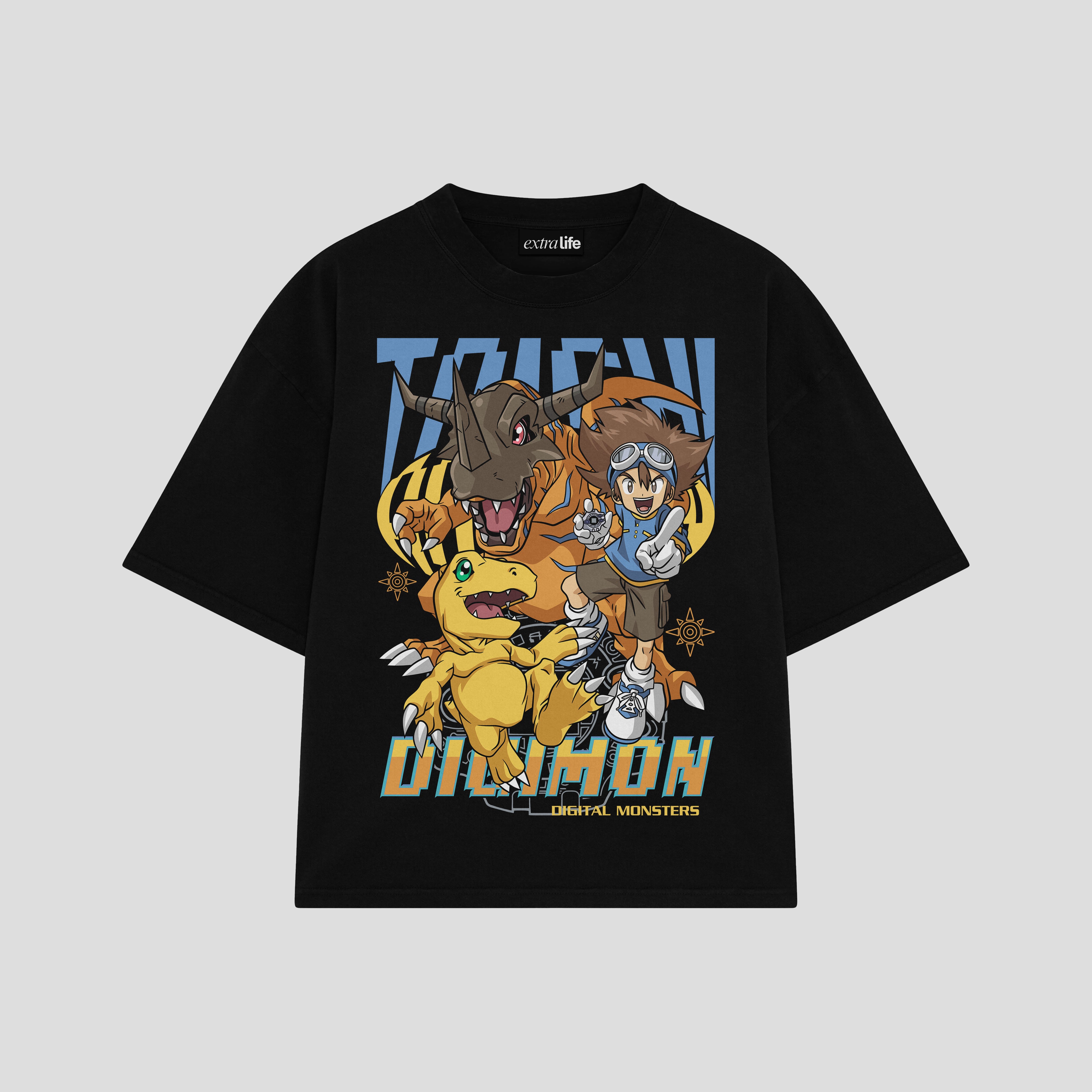 Playera streetwear premium de anime y gaming ExtraLife MX, corte boxy oversized drop shoulder heavyweight en color Deep Black y Off-White, moda urbana mexicana de culto.
