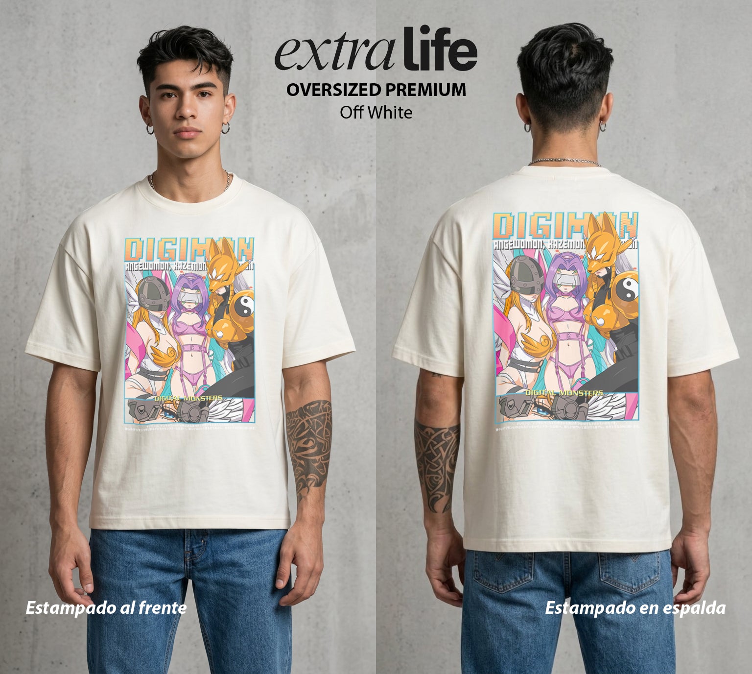 El Mundo Digital | Digimon Waifus del Corazon #01326 - Playera Oversized Premium | Off White - Foto en modelo