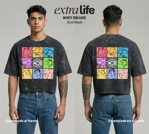 Playera streetwear premium de anime y gaming ExtraLife MX, corte boxy deluxe mineral wash heavyweight en color Acid Wash, moda urbana mexicana de culto.