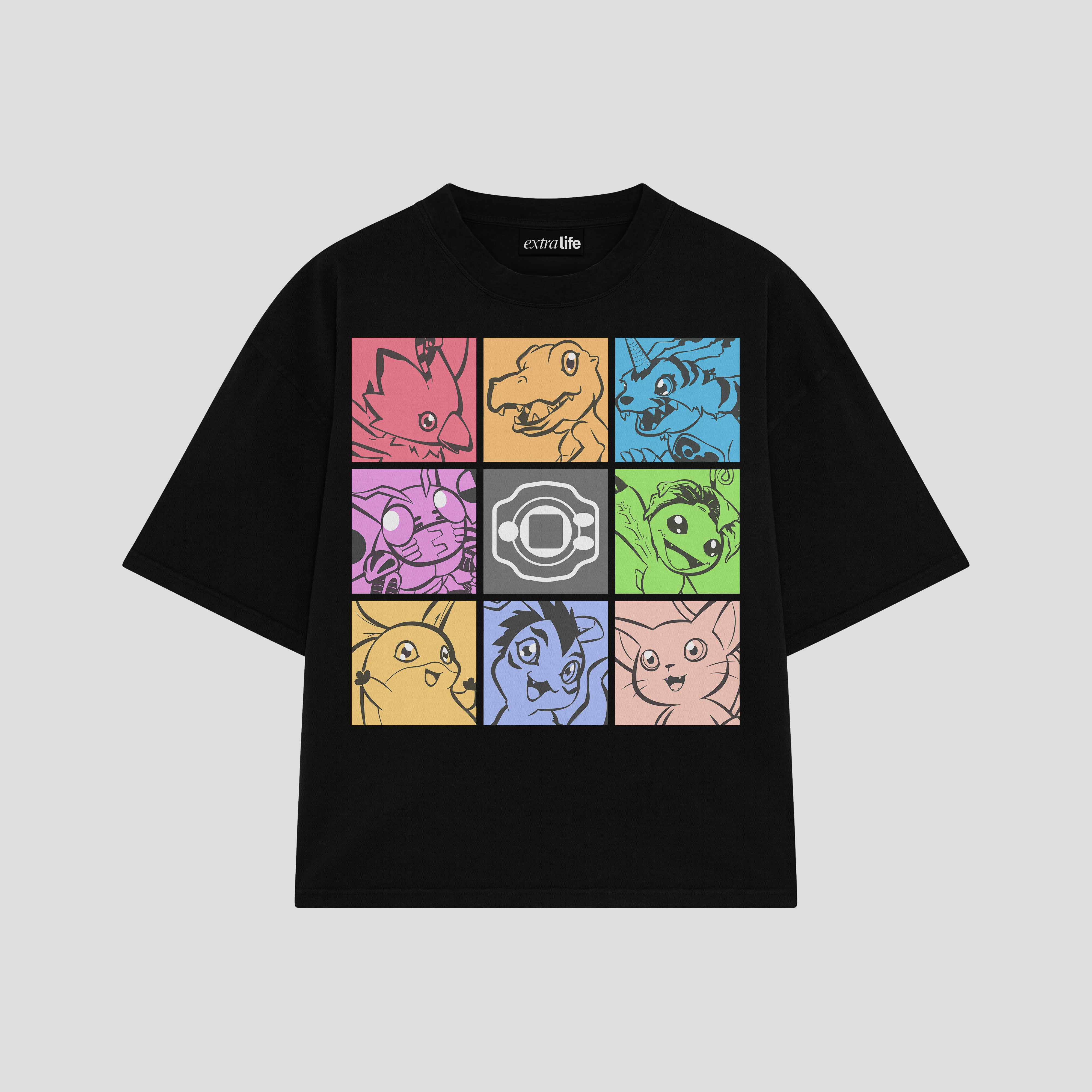 Playera streetwear premium de anime y gaming ExtraLife MX, corte boxy oversized drop shoulder heavyweight en color Deep Black y Off-White, moda urbana mexicana de culto.