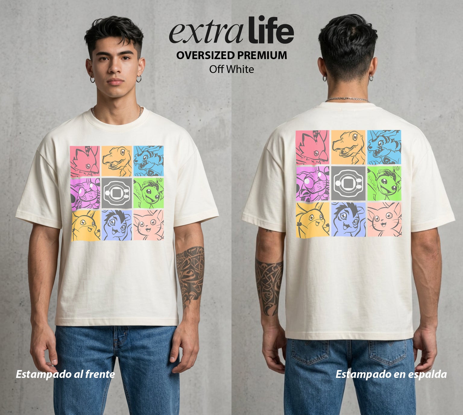 El Mundo Digital | Digimon #01327 - Playera Oversized Premium | Off White - Foto en modelo