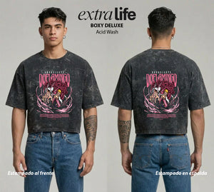 Playera streetwear premium de anime y gaming ExtraLife MX, corte boxy deluxe mineral wash heavyweight en color Acid Wash, moda urbana mexicana de culto.