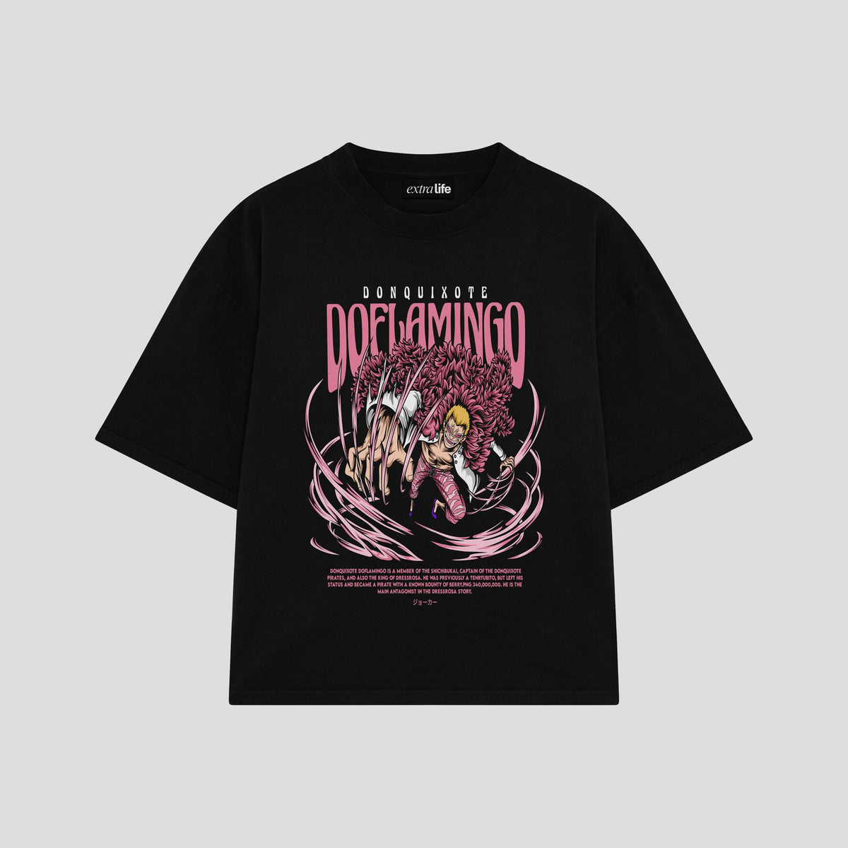 Playera streetwear premium de anime y gaming ExtraLife MX, corte oversized drop shoulder ligero y fresco en color Deep Black y Off-White, moda urbana mexicana de culto.