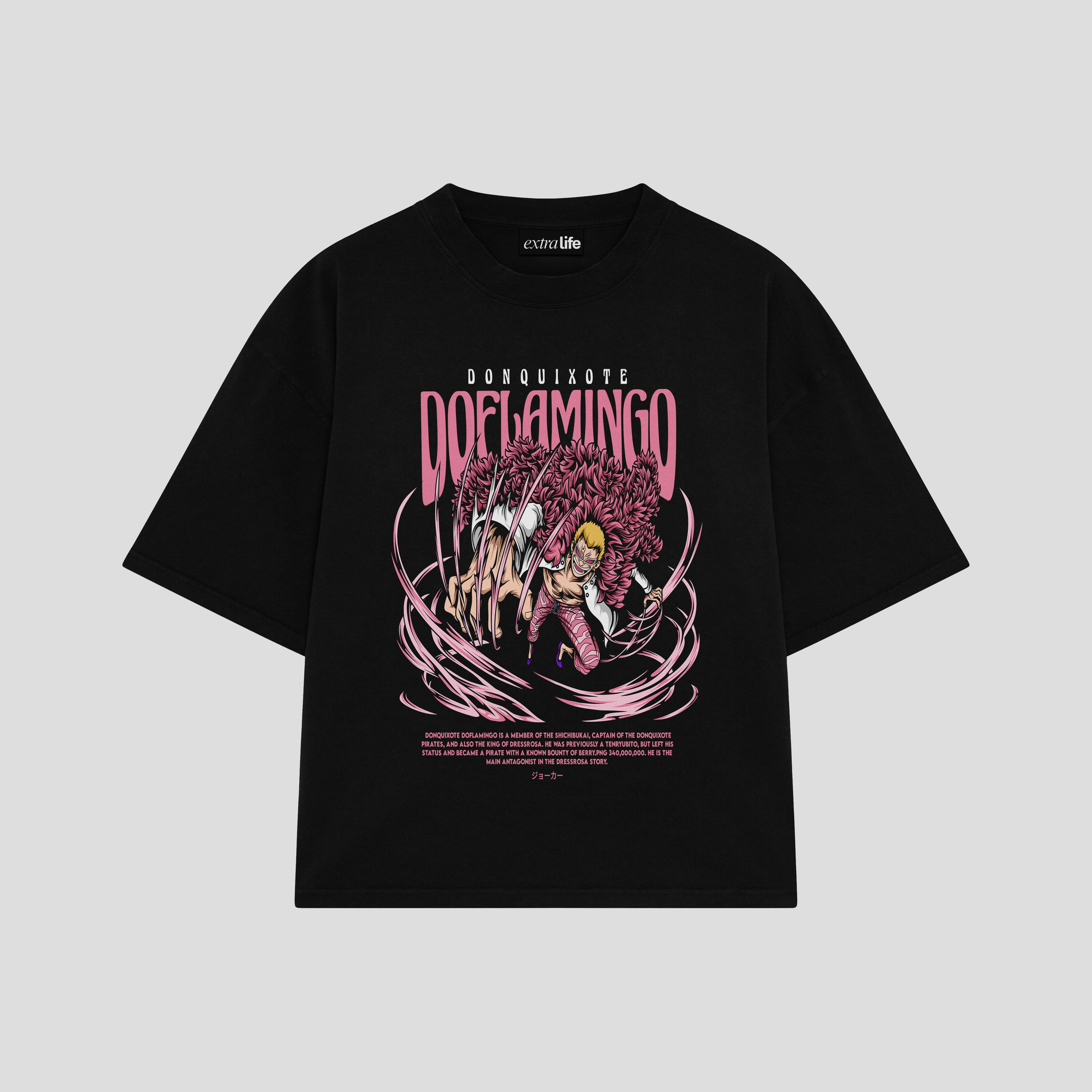 Playera streetwear premium de anime y gaming ExtraLife MX, corte boxy oversized drop shoulder heavyweight en color Deep Black y Off-White, moda urbana mexicana de culto.