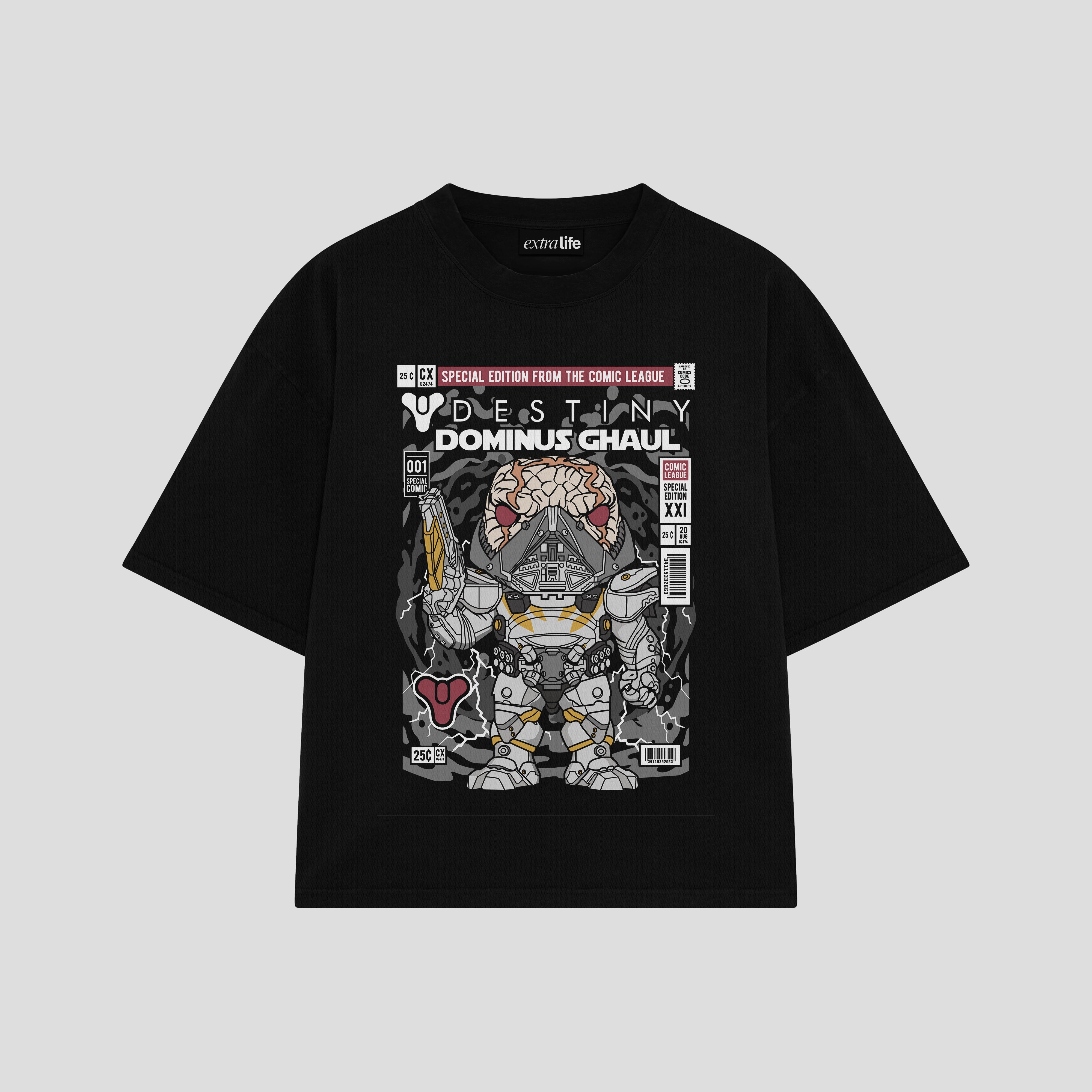 Playera streetwear premium de anime y gaming ExtraLife MX, corte boxy oversized drop shoulder heavyweight en color Deep Black y Off-White, moda urbana mexicana de culto.