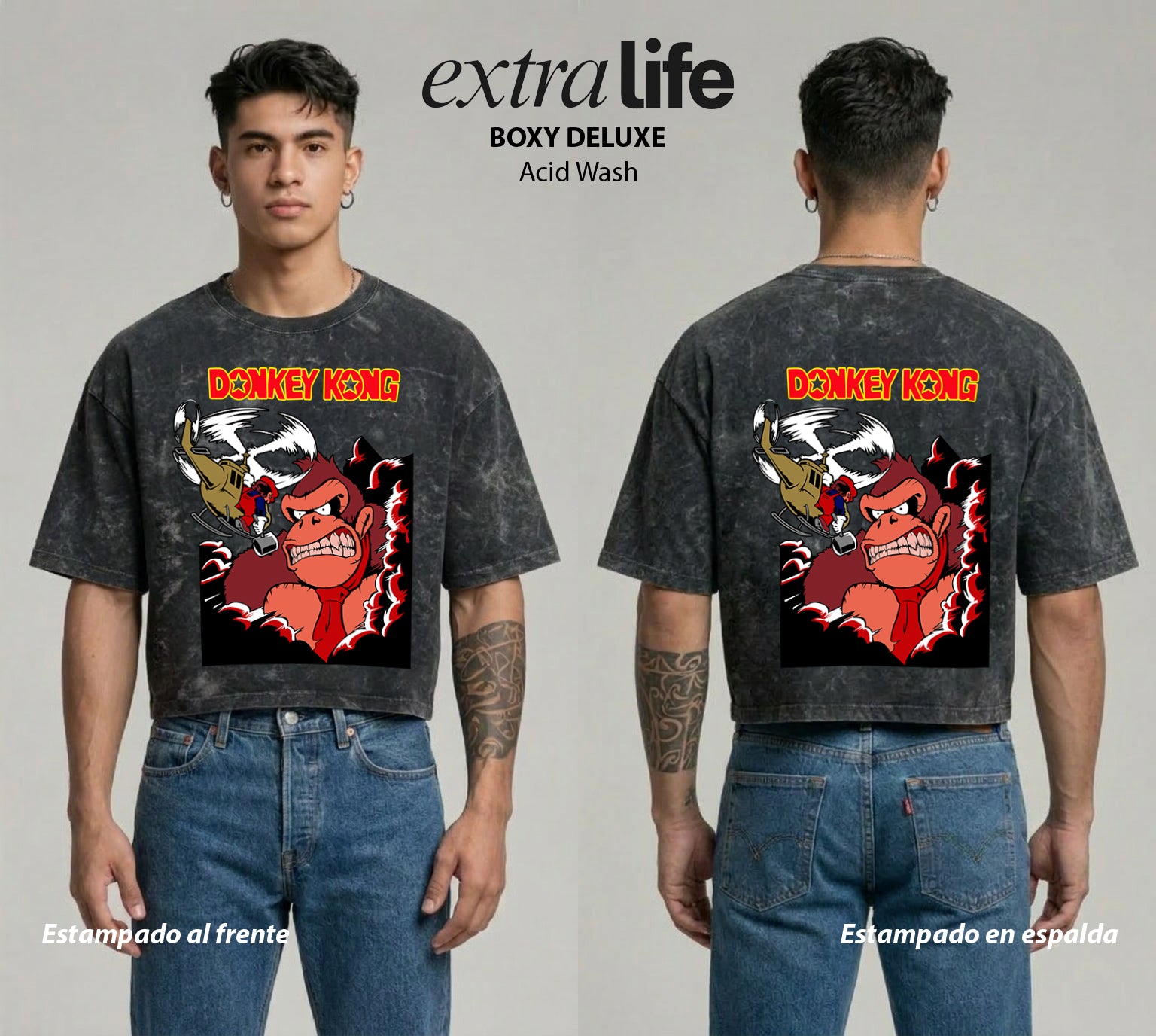 Playera streetwear premium de anime y gaming ExtraLife MX, corte boxy deluxe mineral wash heavyweight en color Acid Wash, moda urbana mexicana de culto.