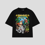 Playera streetwear premium de anime y gaming ExtraLife MX, corte boxy oversized drop shoulder heavyweight en color Deep Black y Off-White, moda urbana mexicana de culto.