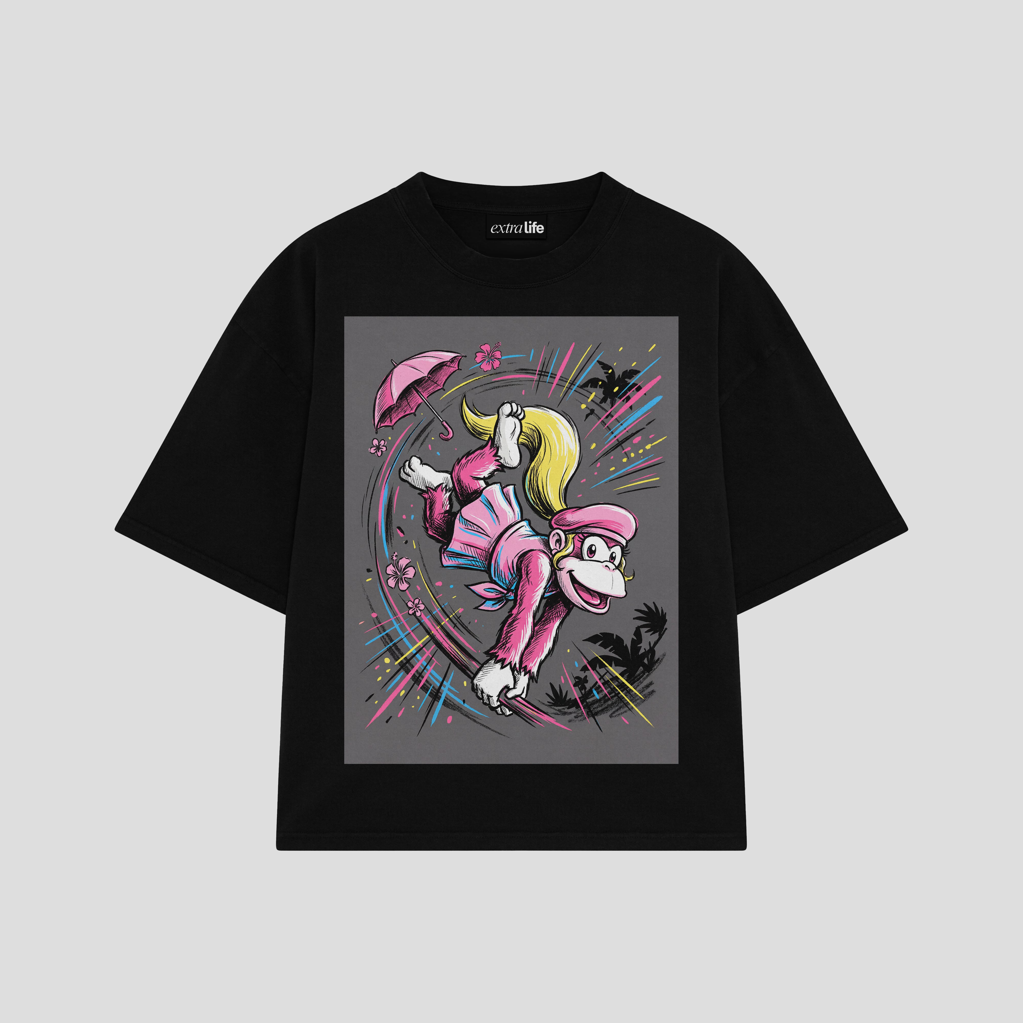 Playera streetwear premium de anime y gaming ExtraLife MX, corte boxy oversized drop shoulder heavyweight en color Deep Black y Off-White, moda urbana mexicana de culto.