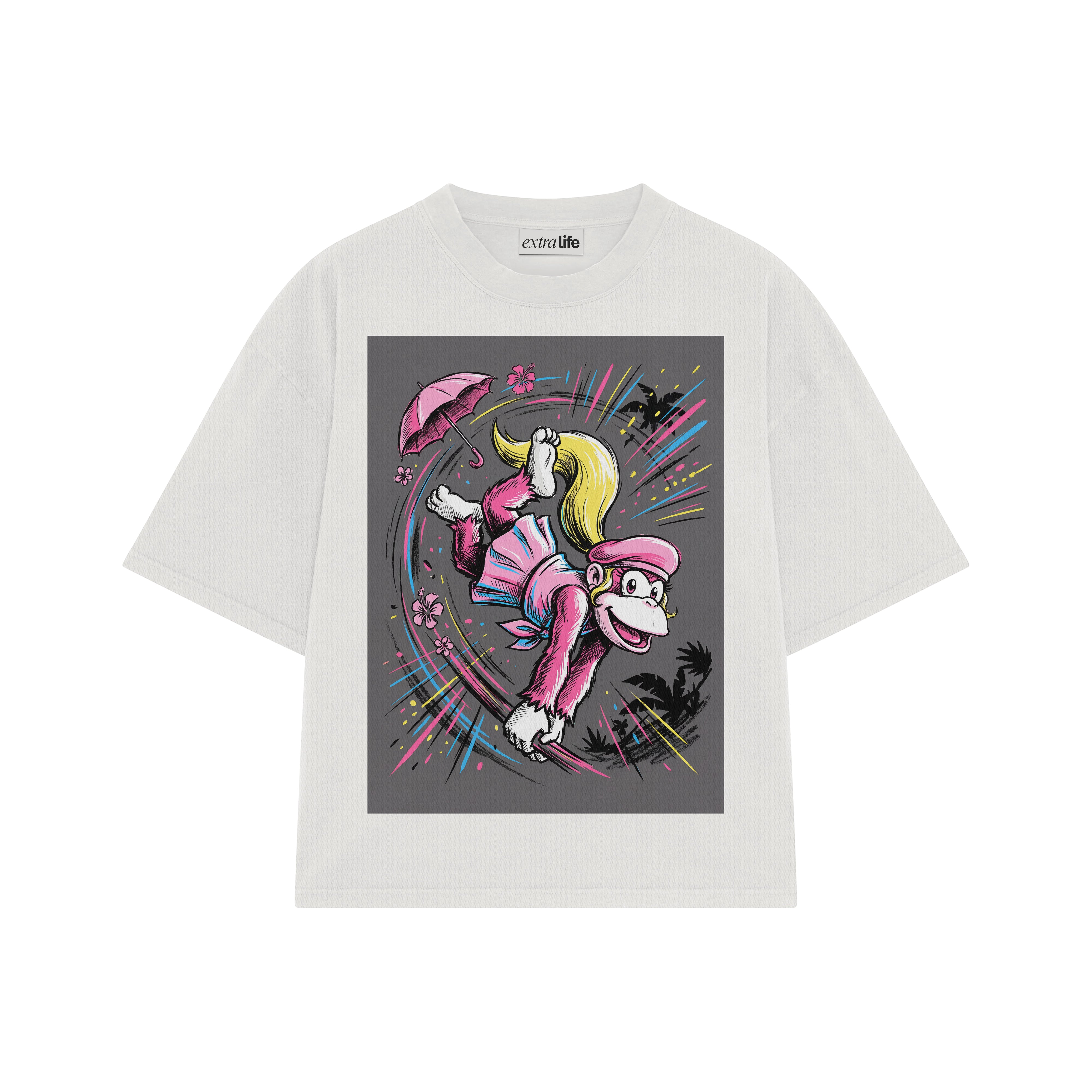 Playera streetwear premium de anime y gaming ExtraLife MX, corte boxy oversized drop shoulder heavyweight en color Deep Black y Off-White, moda urbana mexicana de culto.